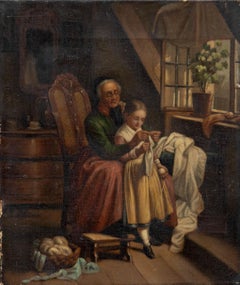 Fin du 19e siècle Huile - Semer avec sa grand-mère