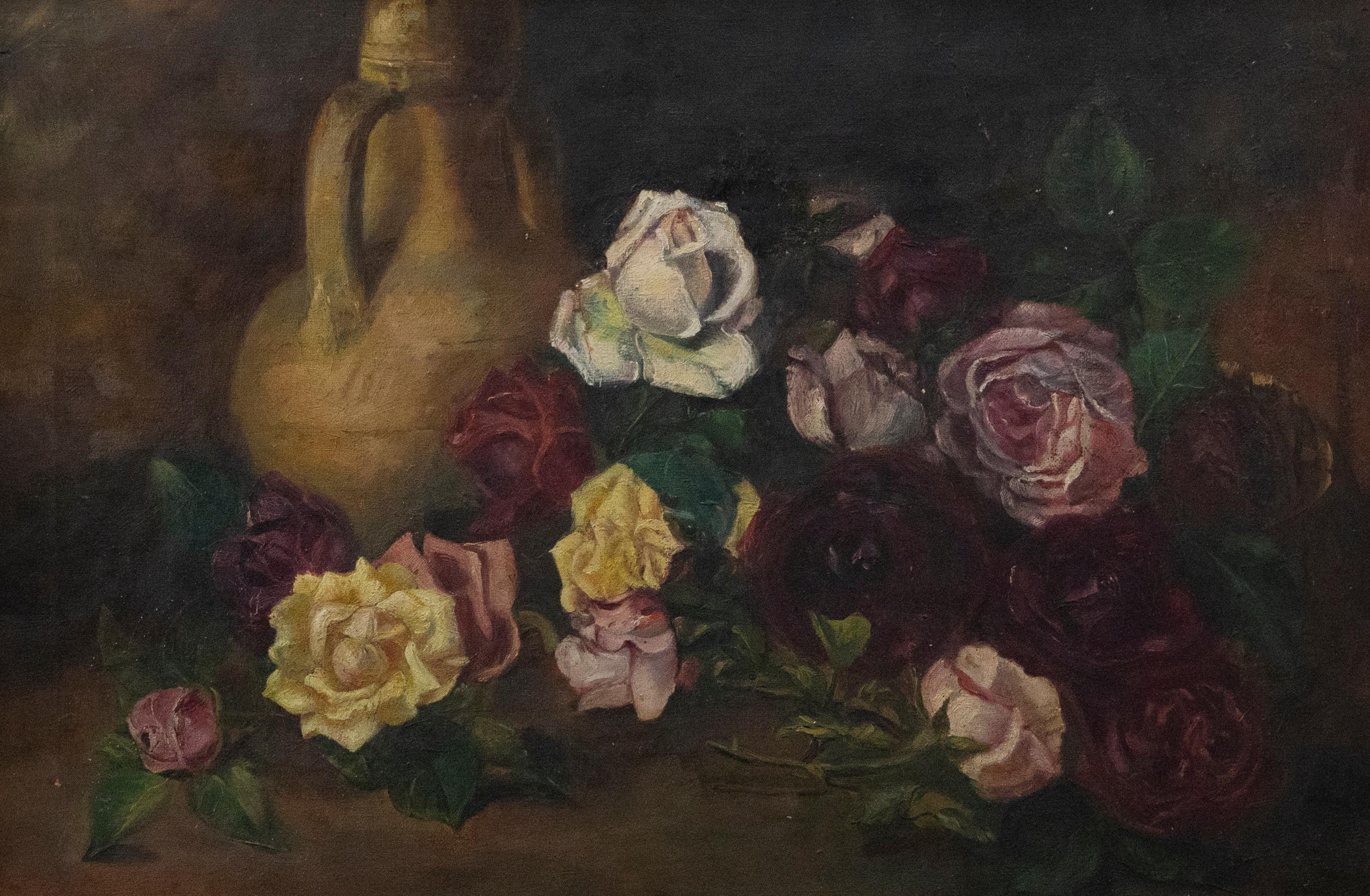 Late 19th Century Oil - Still Life of Cut Roses - Painting by Unknown