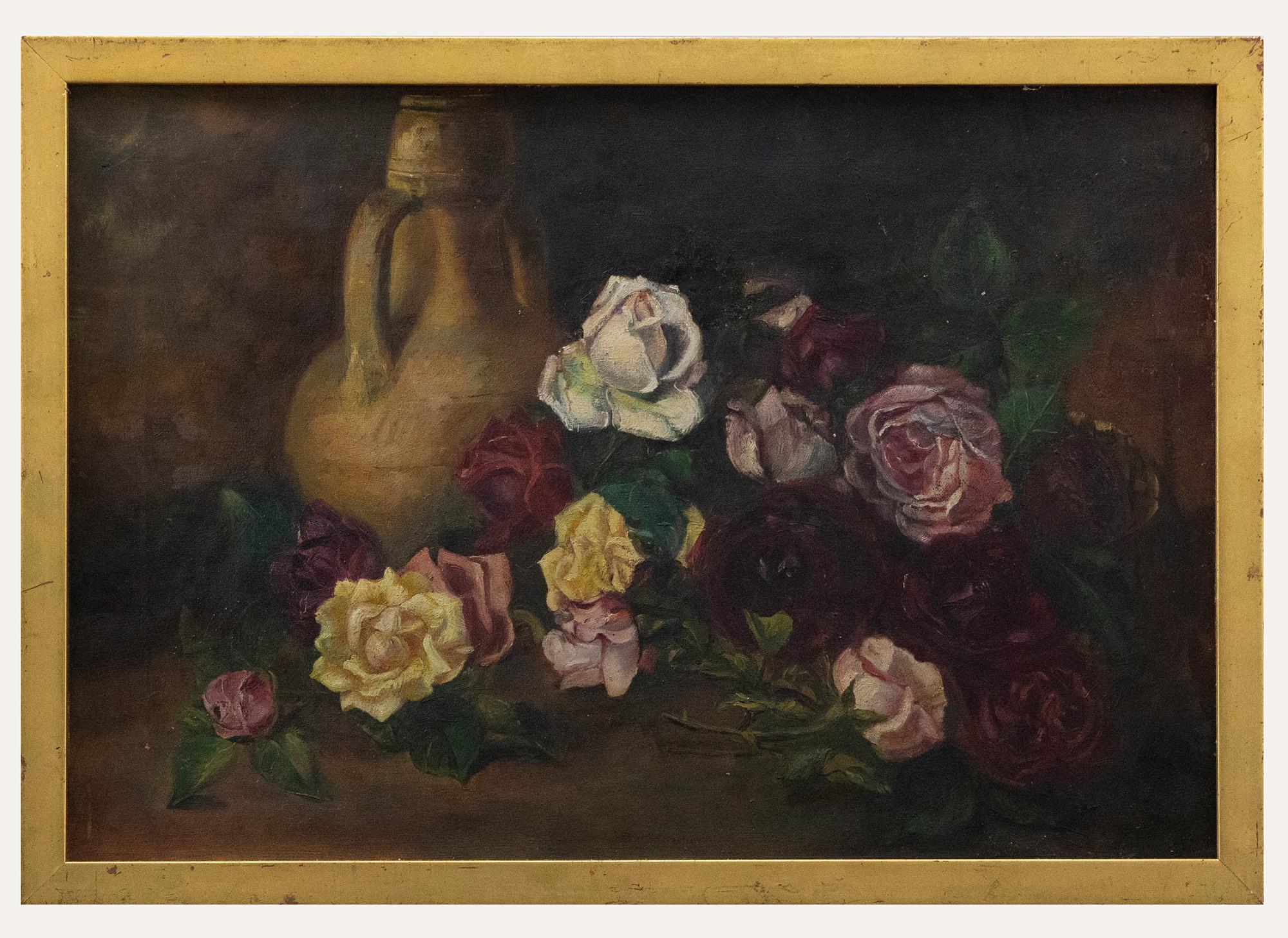 Unknown Still-Life Painting – Öl des späten 19. Jahrhunderts - Stillleben mit geschnittenen Rosen
