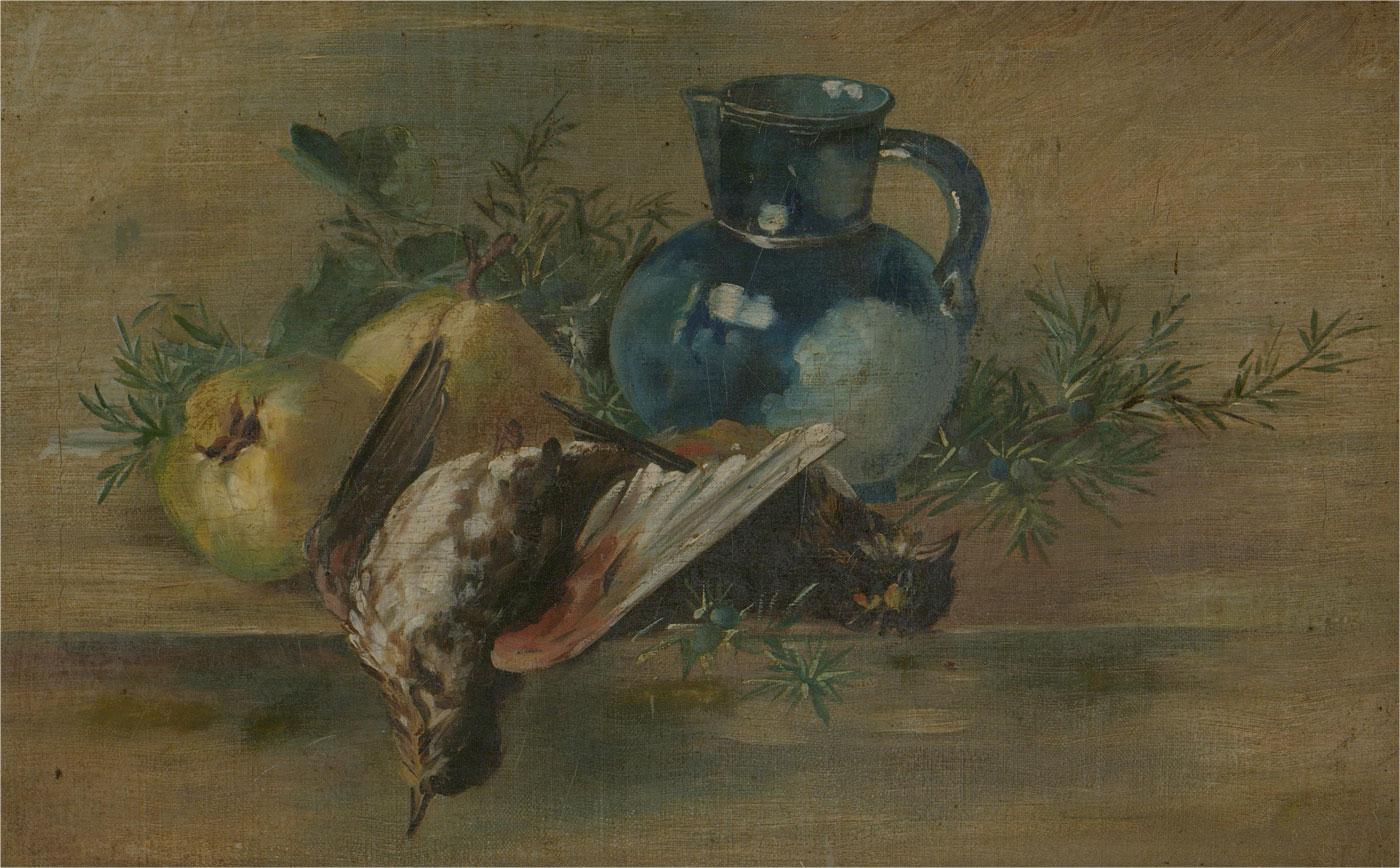Late 19th Century Oil - Still Life with Game, Fruit and Blue Lustre Jug - Painting by Unknown