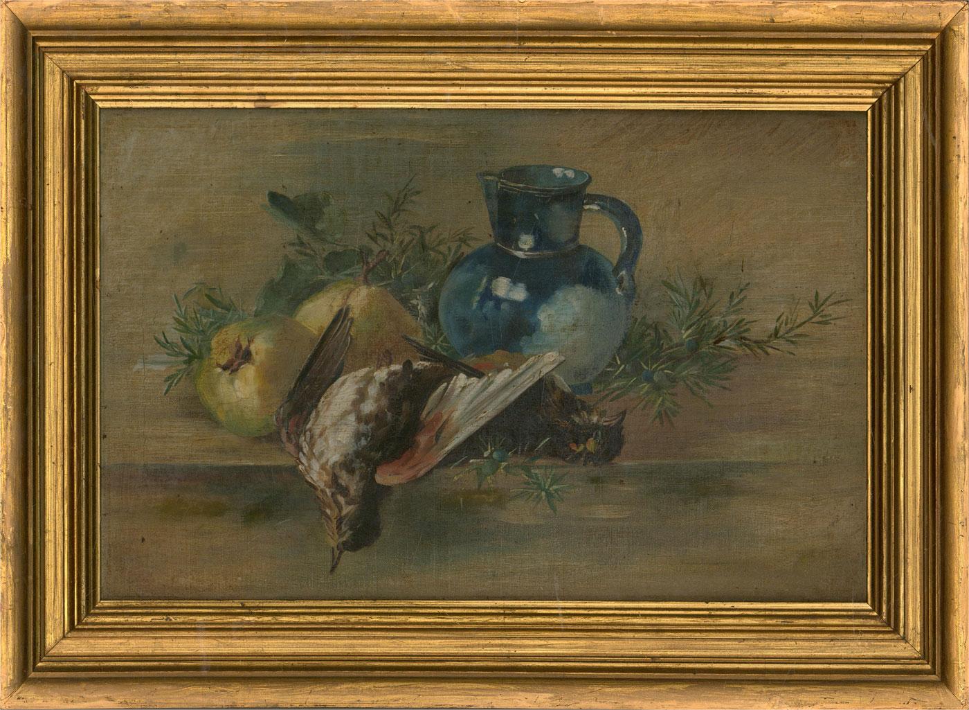 Late 19th Century Oil - Still Life with Game, Fruit and Blue Lustre Jug - Brown Still-Life Painting by Unknown