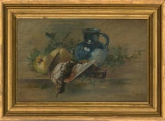Antique Late 19th Century Oil - Still Life with Game, Fruit and Blue Lustre Jug