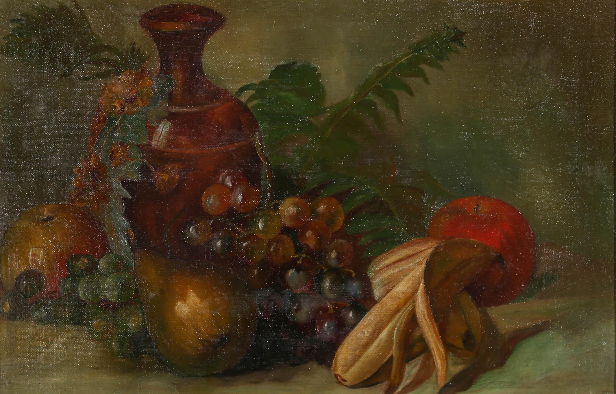 Late 19th Century Oil - Still Life with Jug and Fruit - Painting by Unknown