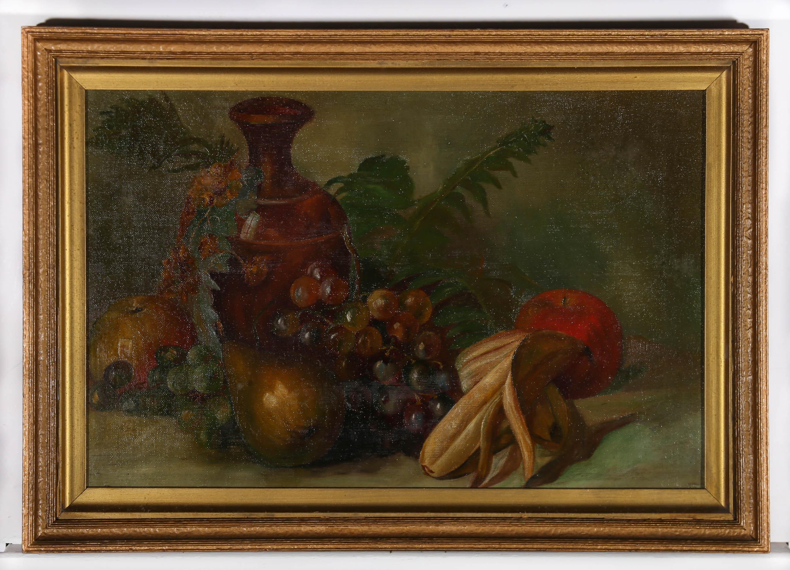 A charming still life study depicting a jug surrounded by various fruit and foliage. the artist captures the scene against a dark background with brings out the colours in the fruits. Unsigned. Presented in a glazed gilt frame. On canvas board.
