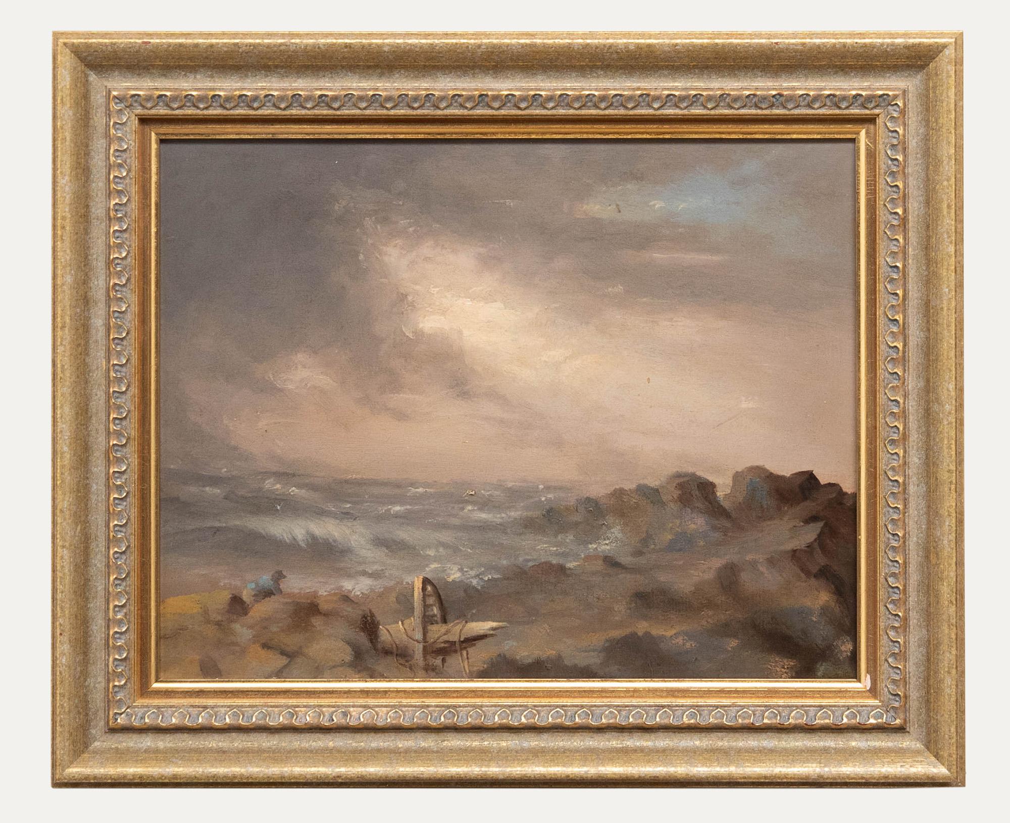 Figurative Painting Unknown - Huile de la fin du 19e siècle - Échoués dans la tempête