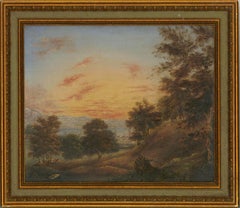 Huile de la fin du XIXe siècle - Jeune coucher de soleil au-dessus de la baie