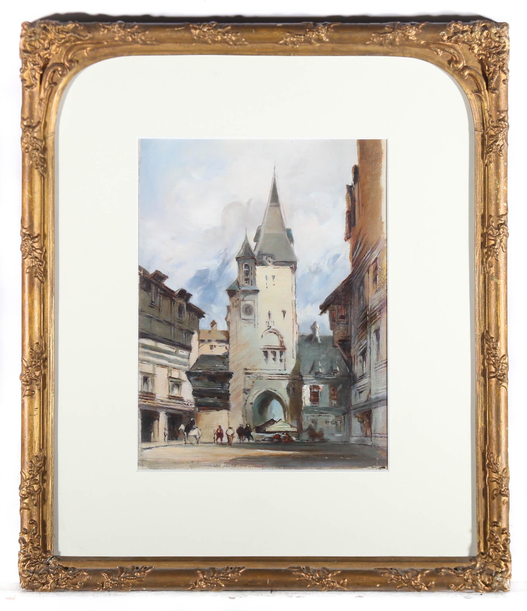 Ölgemälde des späten 19. Jahrhunderts – Die Stadttore (Beige), Landscape Painting, von Unknown