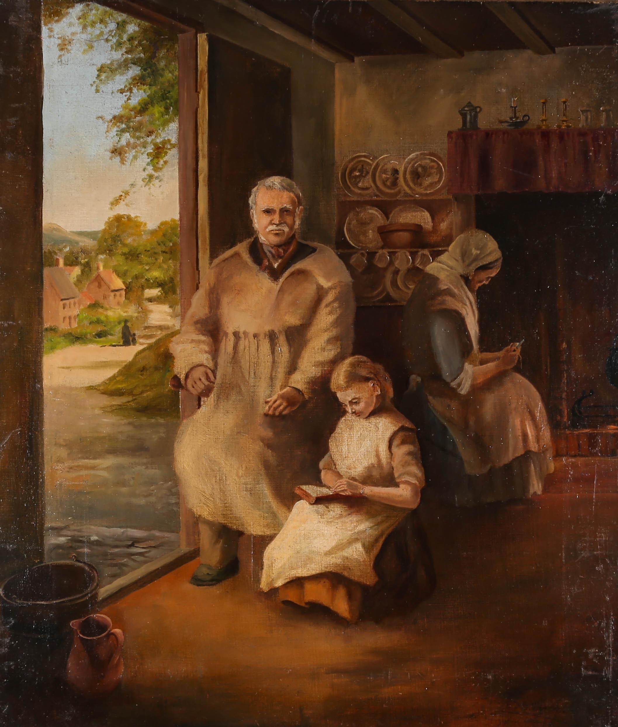 A charming late 19th Century interior scene with later over painting. The scene shows a father (wearing a linen smock often worn by working men over their smarter clothes to keep them from getting dirty) sitting in the doorway of his humble home,