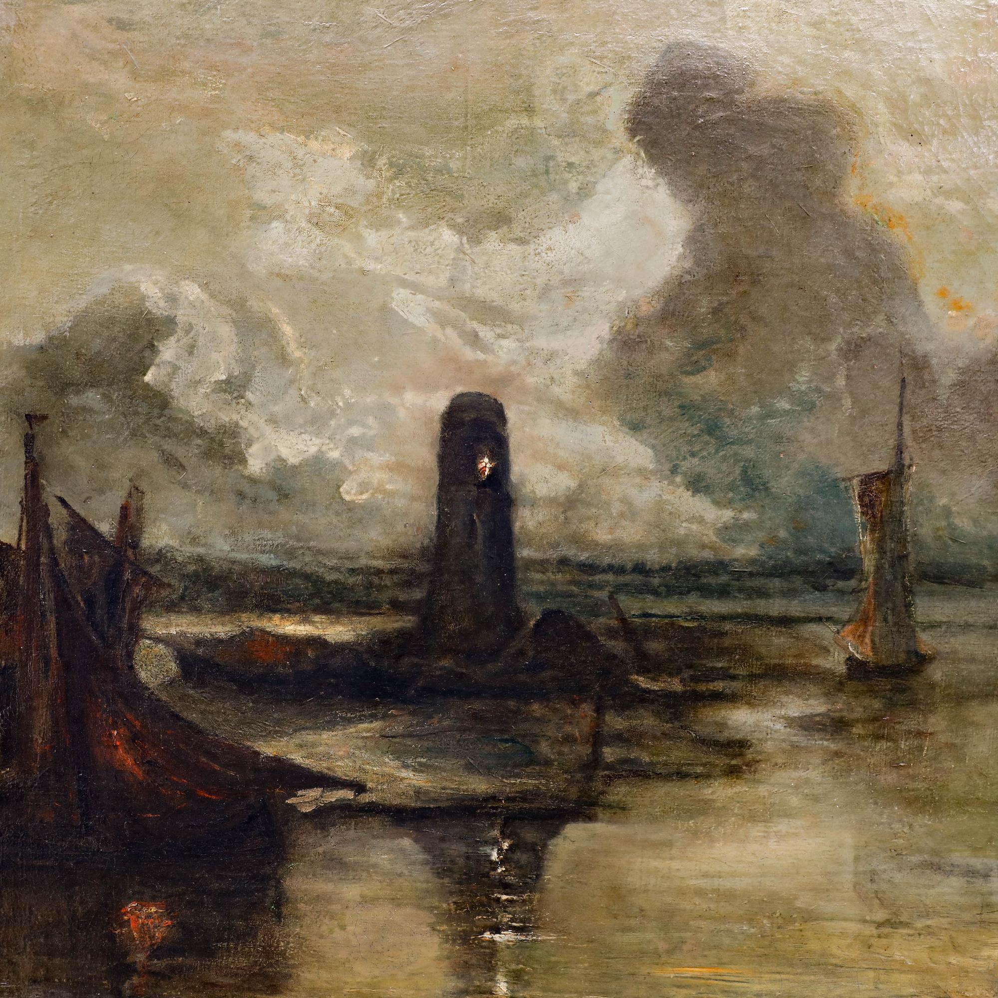 This atmospheric seascape depicts sailing vessels silhouetted against a turbulent, cloud-filled sky rendered in muted earth tones of ochre, brown, and grey. The composition captures a moody maritime scene with boats anchored in calm waters, veering