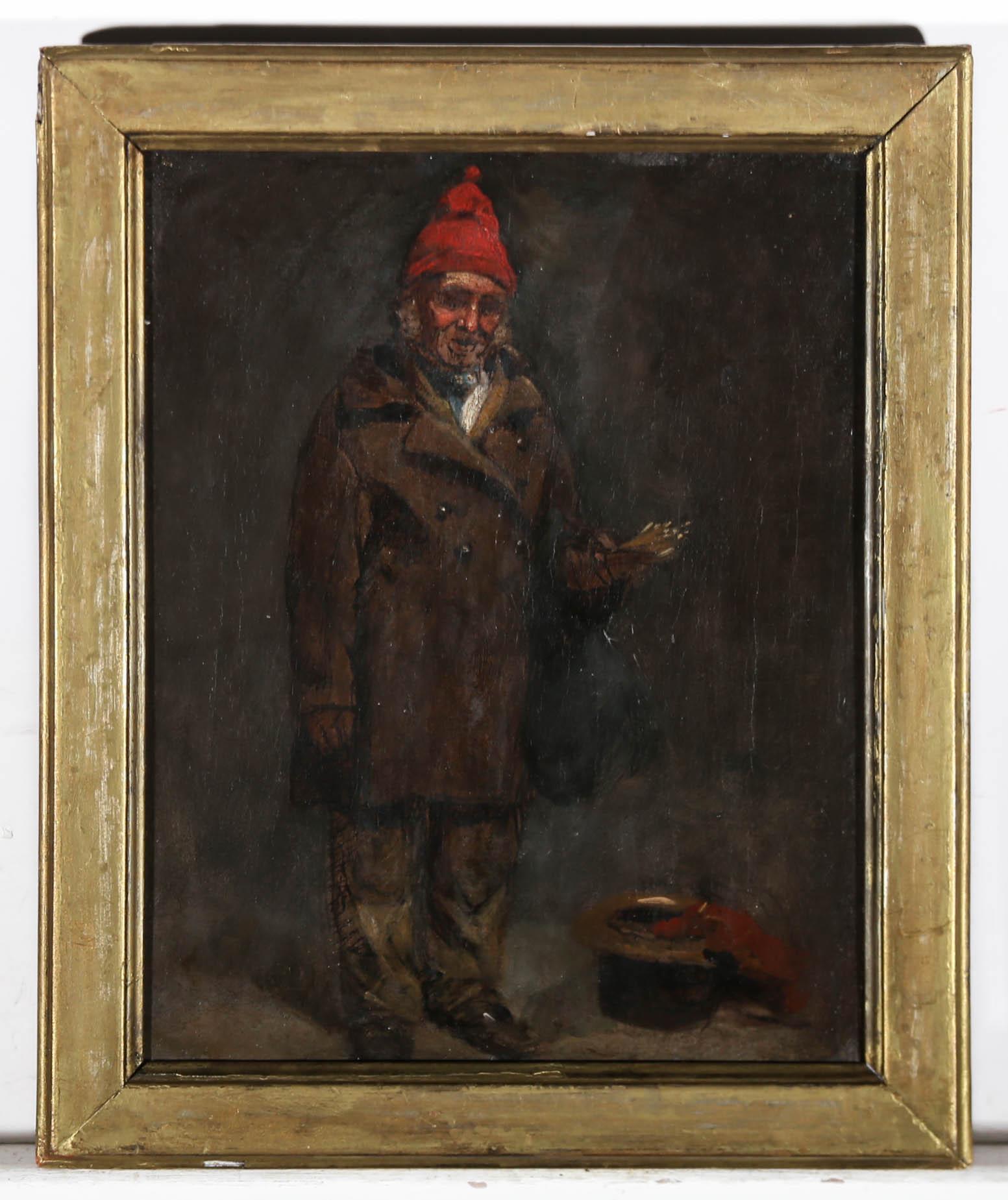 A charming 19th Century, full length portrait, showing an old match seller in a brown coat and red woollen hat. He is holding a bunch of matches in his hand. The painting is unsigned and presented in a 19th Century gilt slip. The canvas has been