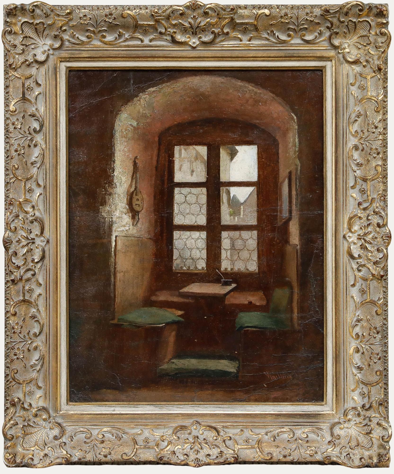 Interior Painting di Unknown - Olio della fine del XIX secolo - L'alcova della finestra