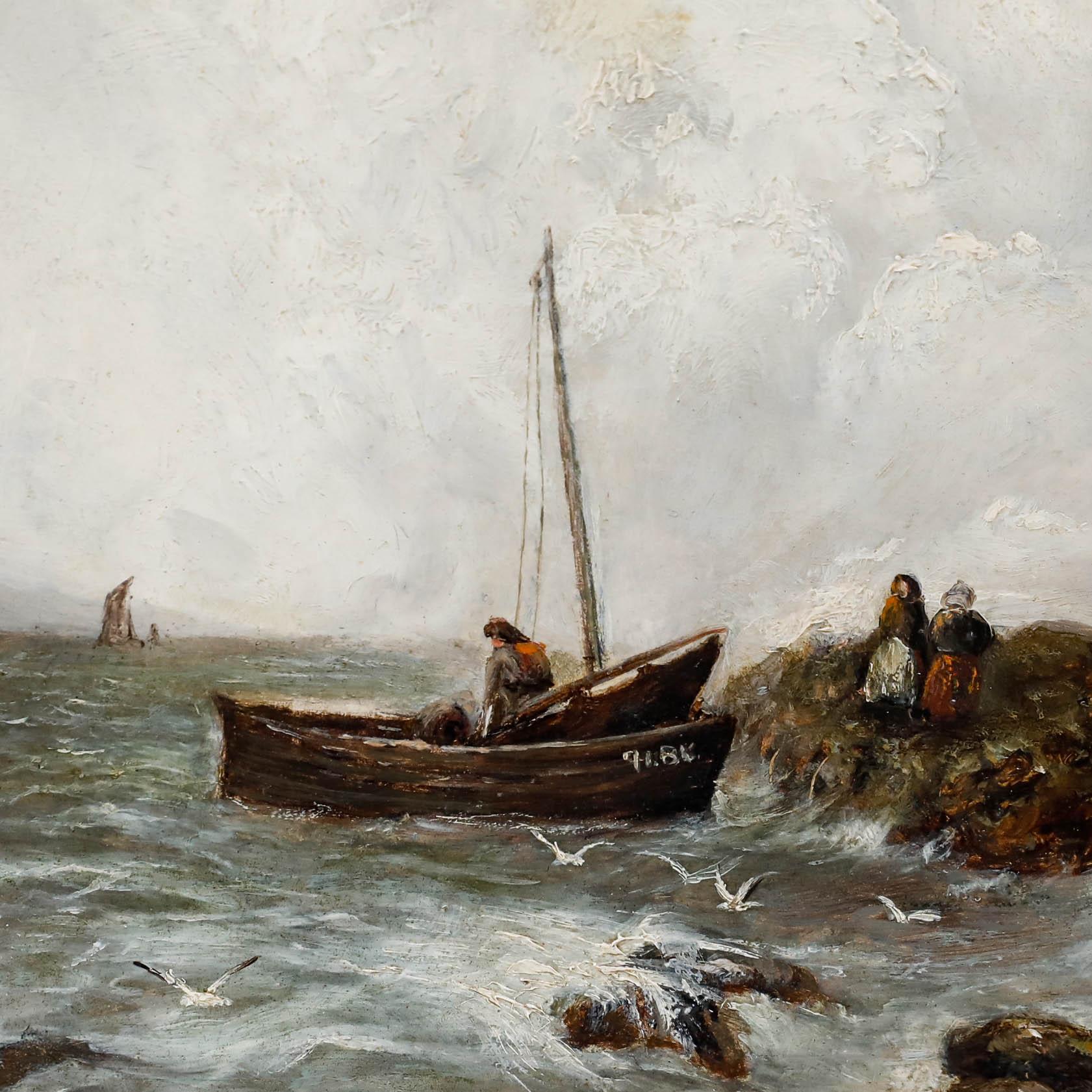 Un paesaggio marino della fine del XIX secolo deliziosamente suggestivo e reso in modo dettagliato. Una grande nuvola scivola sulla scena mentre le onde spumeggianti si infrangono contro le rocce, mentre delle figure lavorano a sinistra. Senza