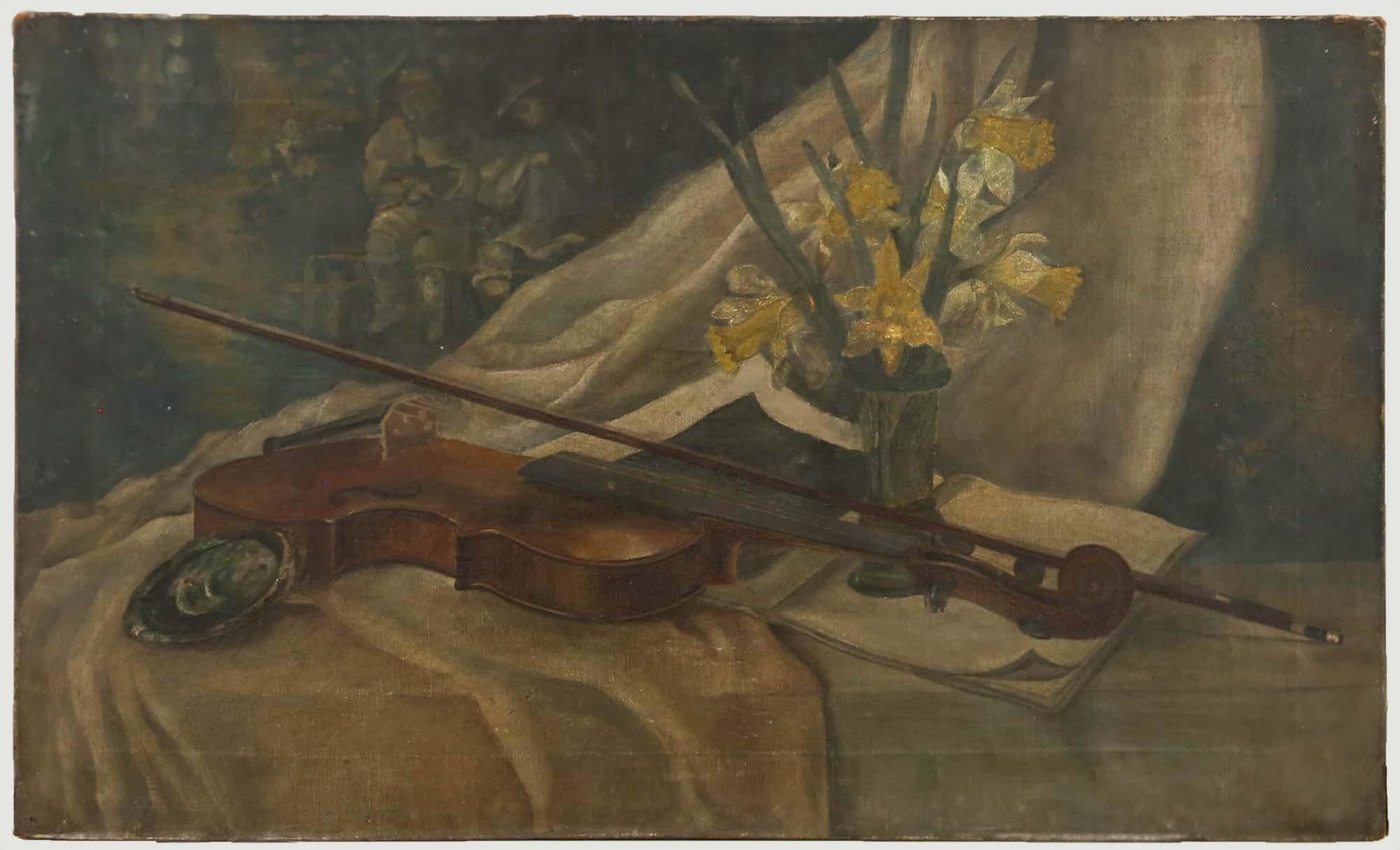 Unknown Still-Life Painting - Late 19th Century Oil - Violin In Spring