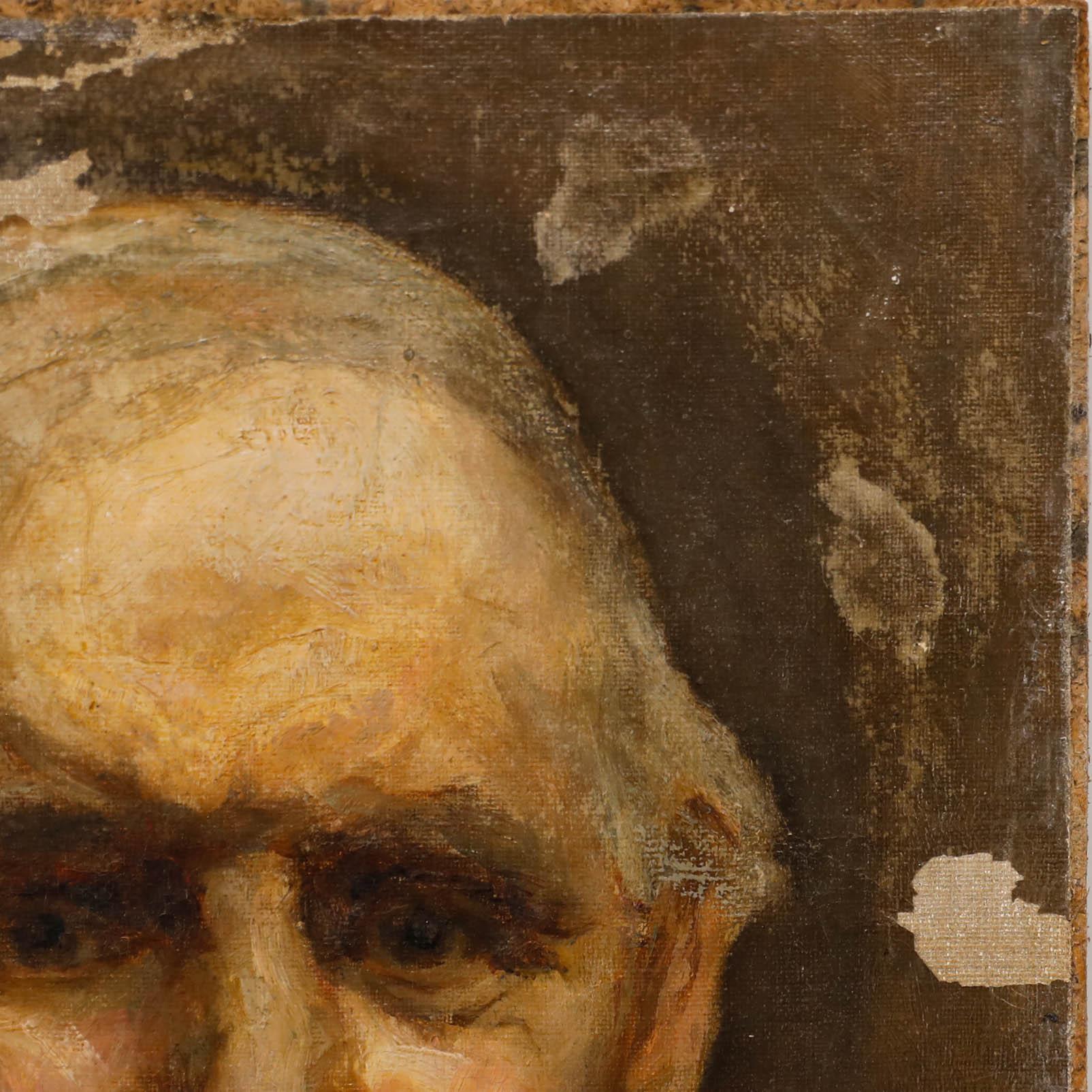An atmospheric portrait depicting a man with a very serious expression. Unsigned. On board.