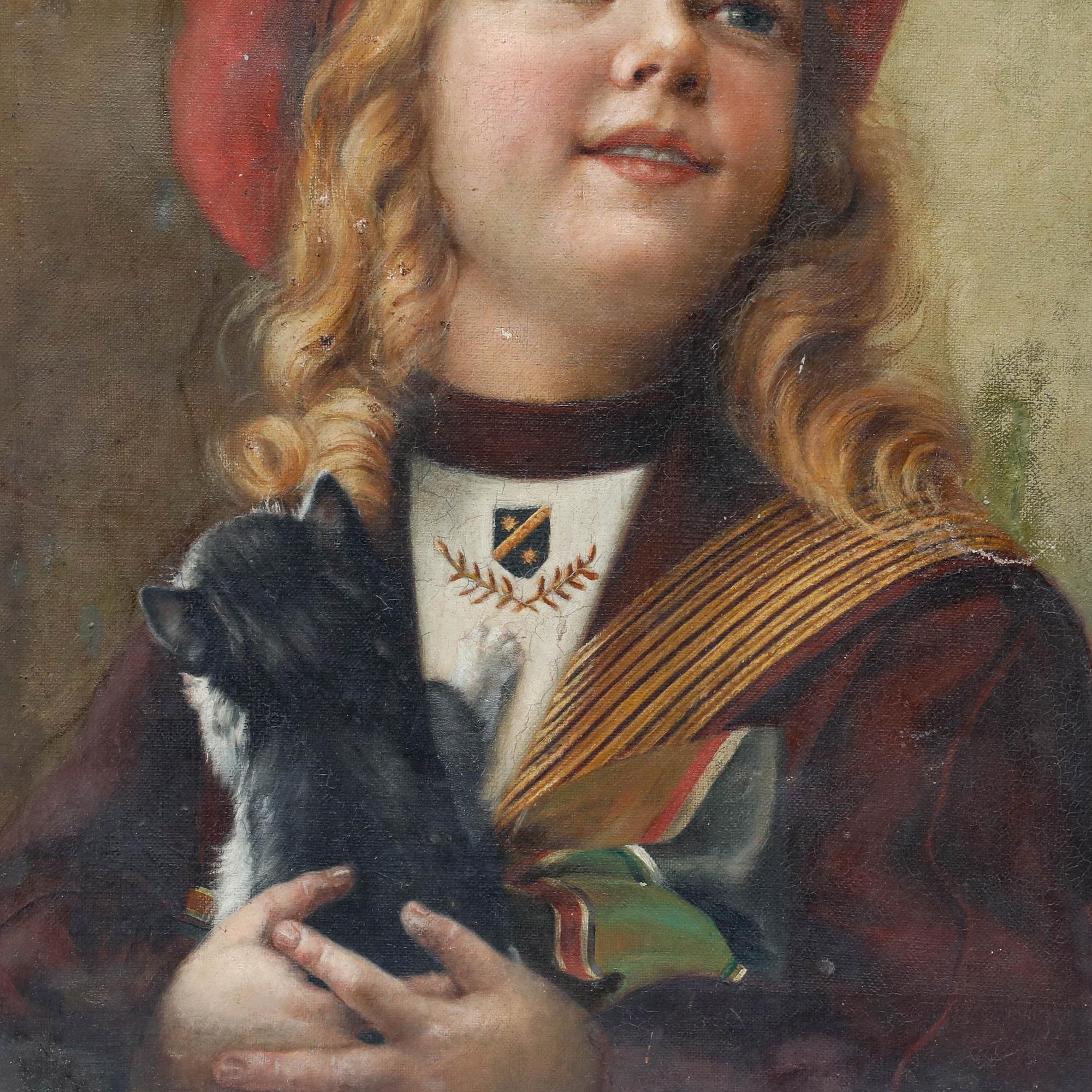 Questo affascinante ritratto mostra un bambino con una giacca da marinaio che tiene in braccio un piccolo gattino. I toni caldi e l'illuminazione delicata creano un'atmosfera intima. Senza segno. Su tela su barelle. 