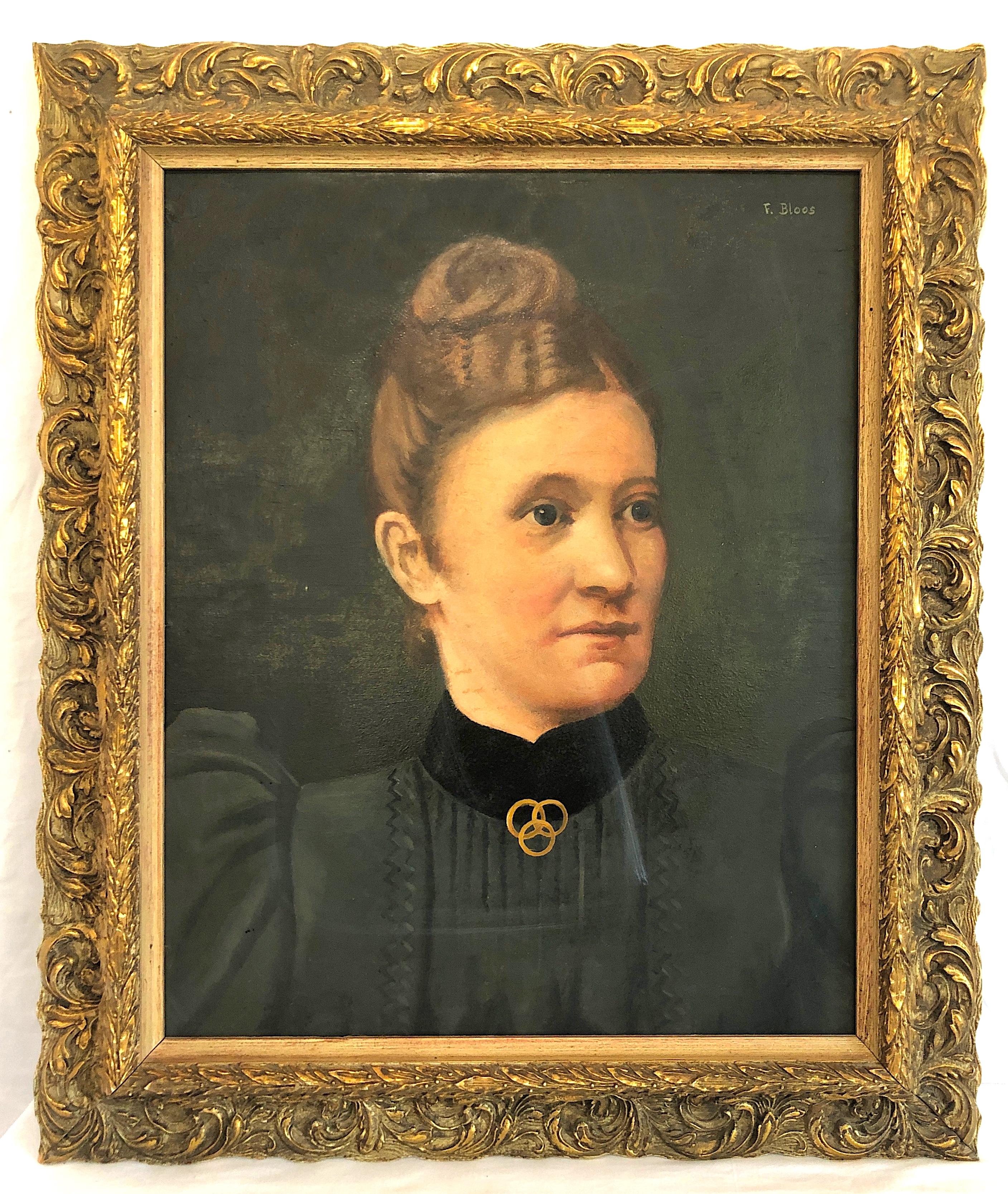 Unknown Portrait Painting - Late 19th-century Portrait of an Admirable German Woman, by F. Bloos