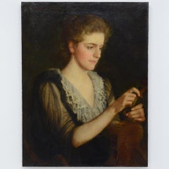 Late 19th Century Romantic Victorian Portrait Young Woman Violinist Oil Canvas