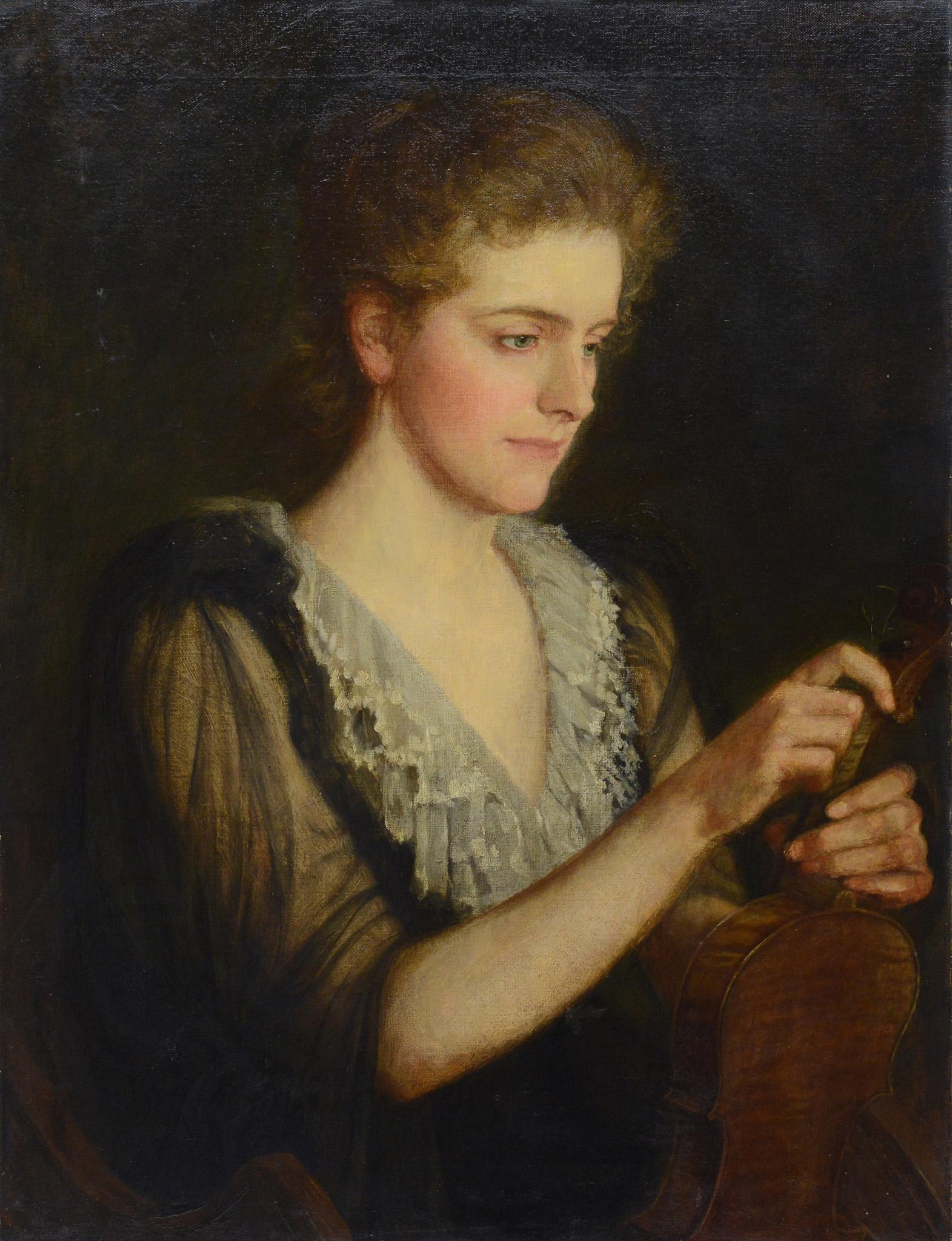 Late 19th Century Romantic Victorian Portrait Young Woman Violinist Oil Canvas