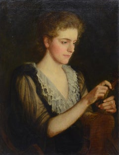 Late 19th Century Romantic Victorian Portrait Young Woman Violinist Oil Canvas