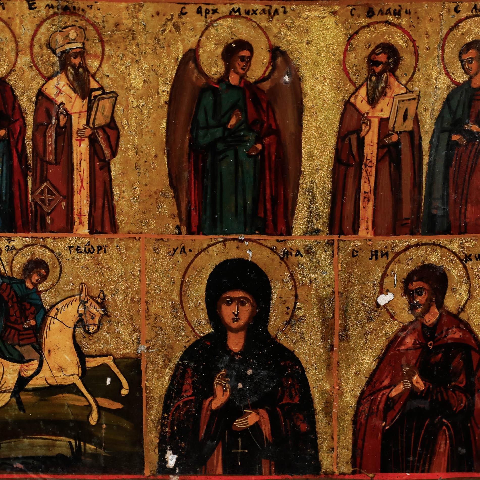 This late 19th-century icon depicts various saints rendered in traditional Byzantine style. The composition features multiple sacred scenes including the Virgin Mary with the Infant Jesus, St George slaying the dragon, and St Nicholas, among others.