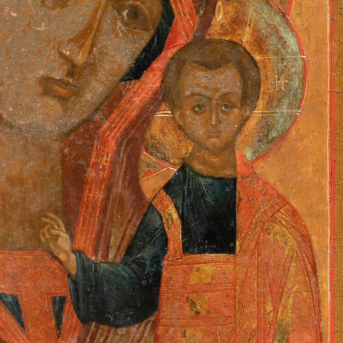 This late 19th-century icon depicts the Virgin Mary and Infant Jesus. The work demonstrates classical Byzantine painting techniques characteristic of Orthodox iconographic tradition. On wood panel.