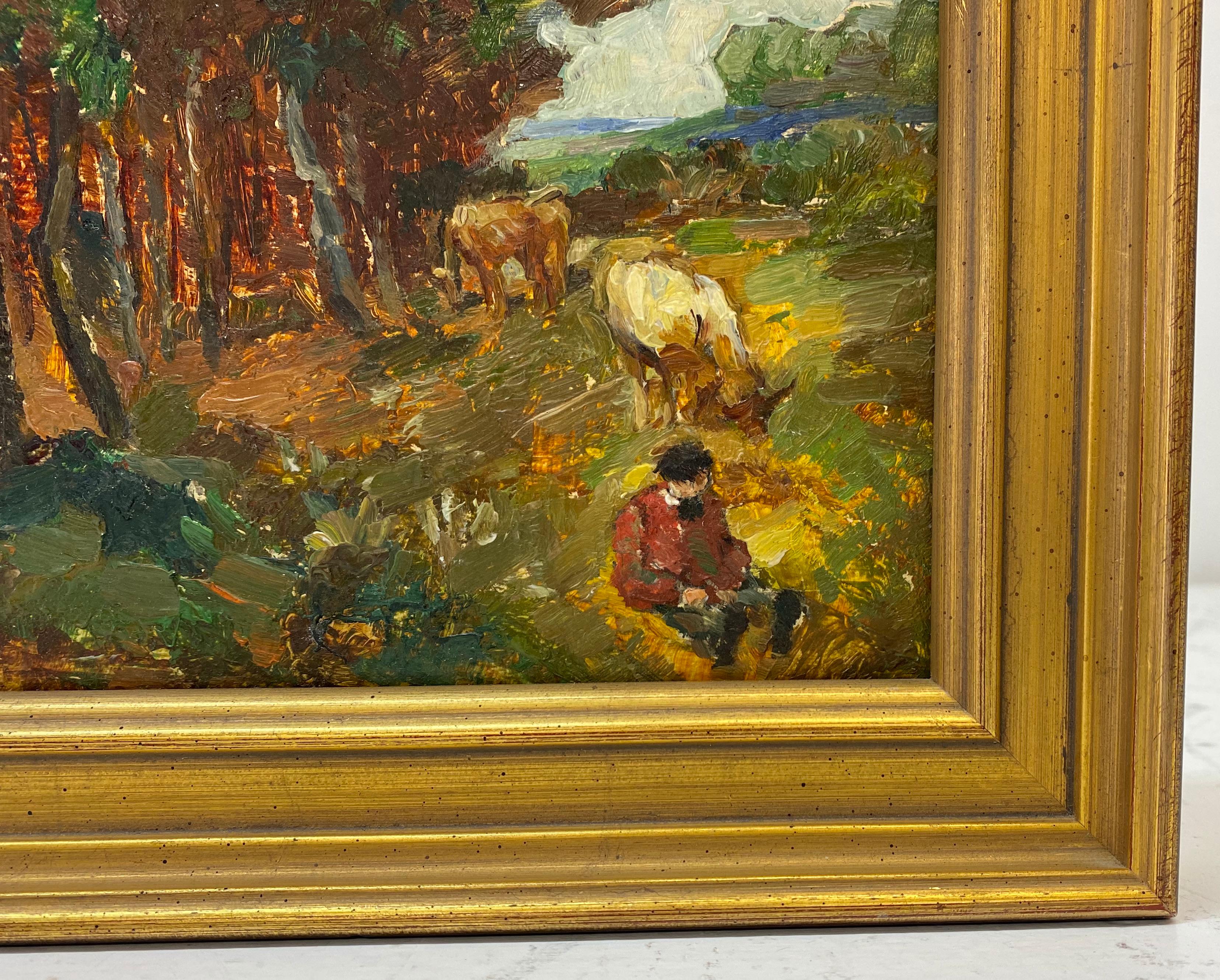 Paysage européen de la fin du XIXe et du début du XXe siècle avec peinture à l'huile de bois - Painting de Unknown