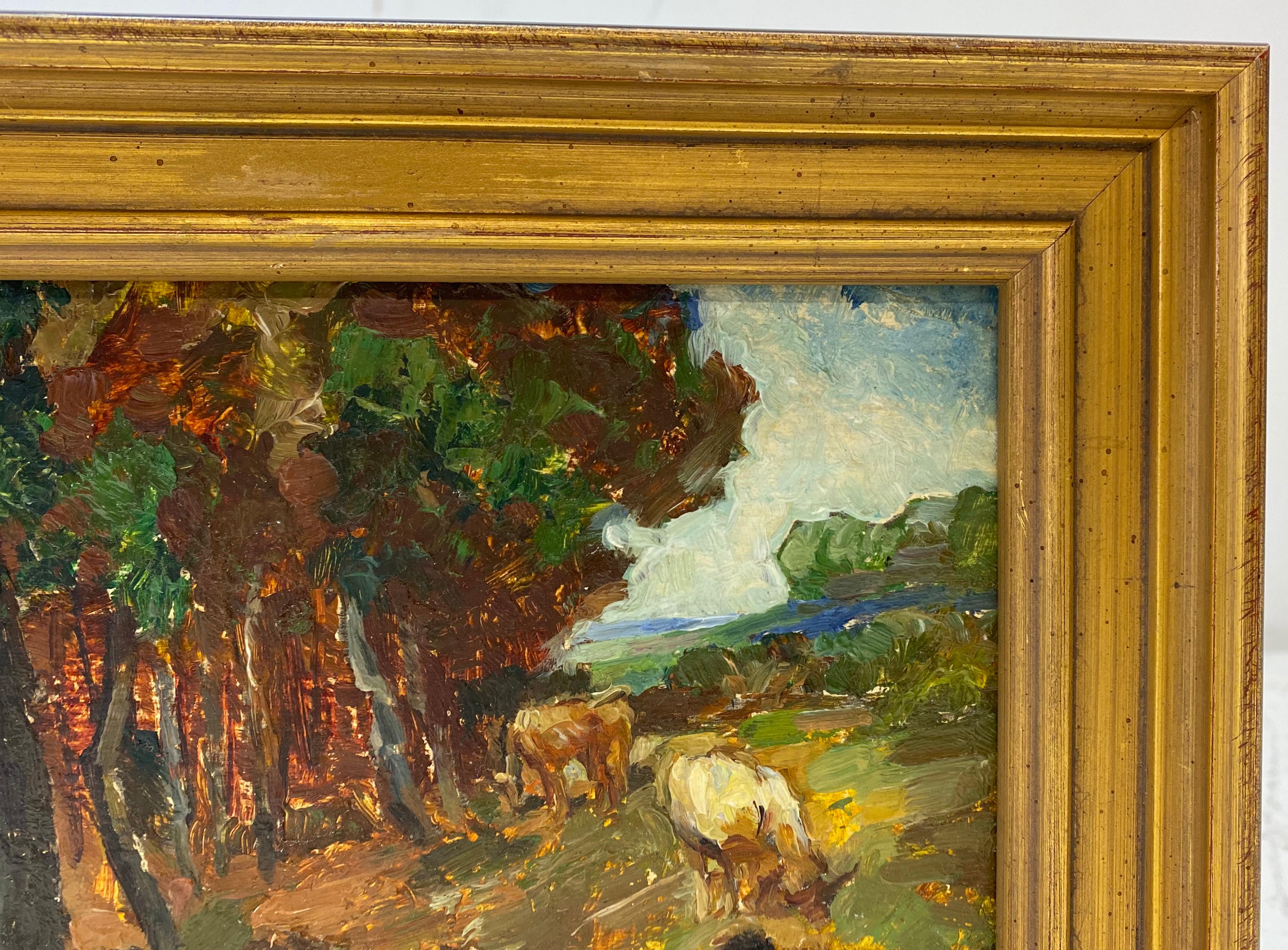 Paysage européen de la fin du XIXe et du début du XXe siècle avec peinture à l'huile de bois - Impressionnisme Painting par Unknown