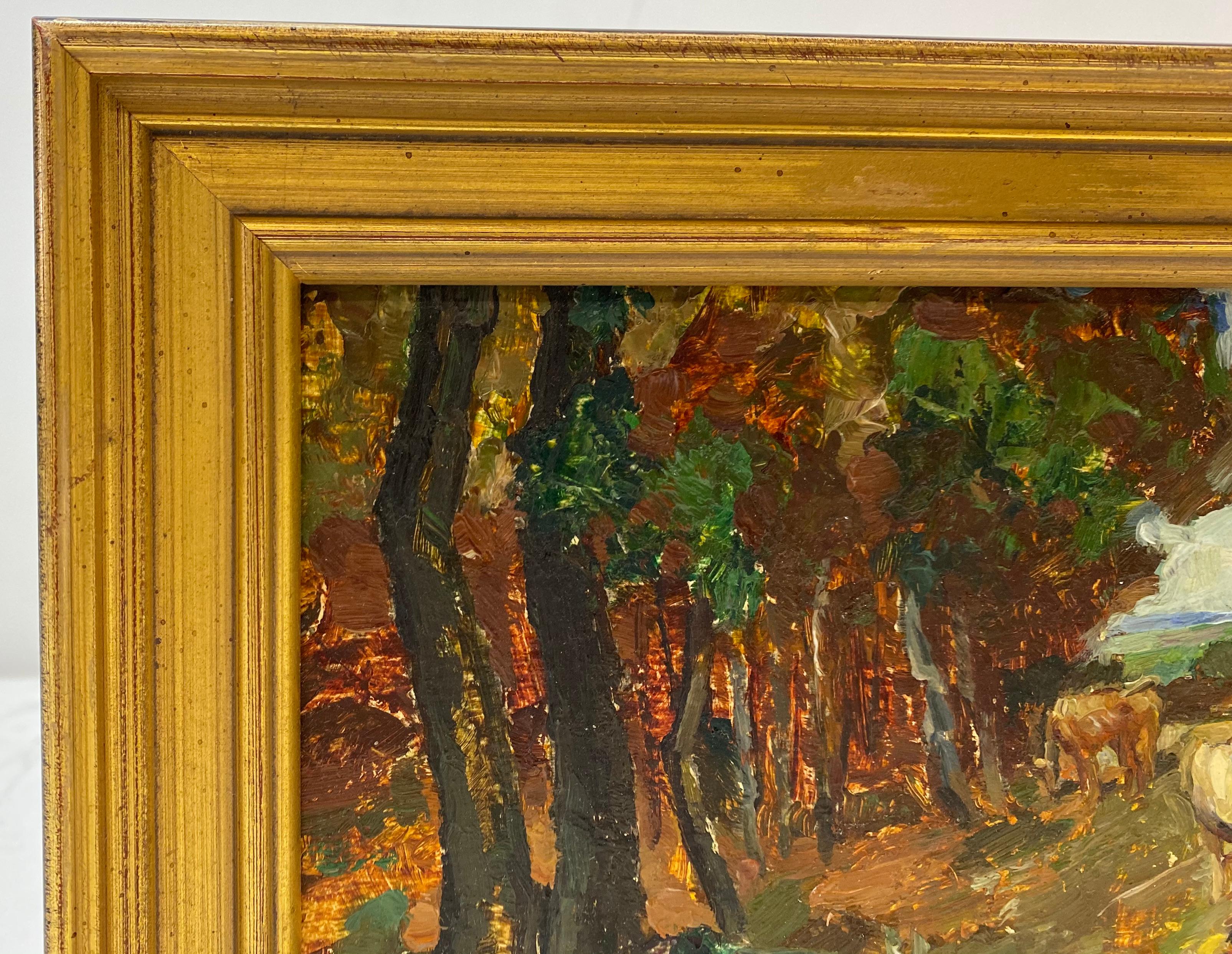 Paysage européen de la fin du XIXe et du début du XXe siècle avec peinture à l'huile de bois - Marron Landscape Painting par Unknown