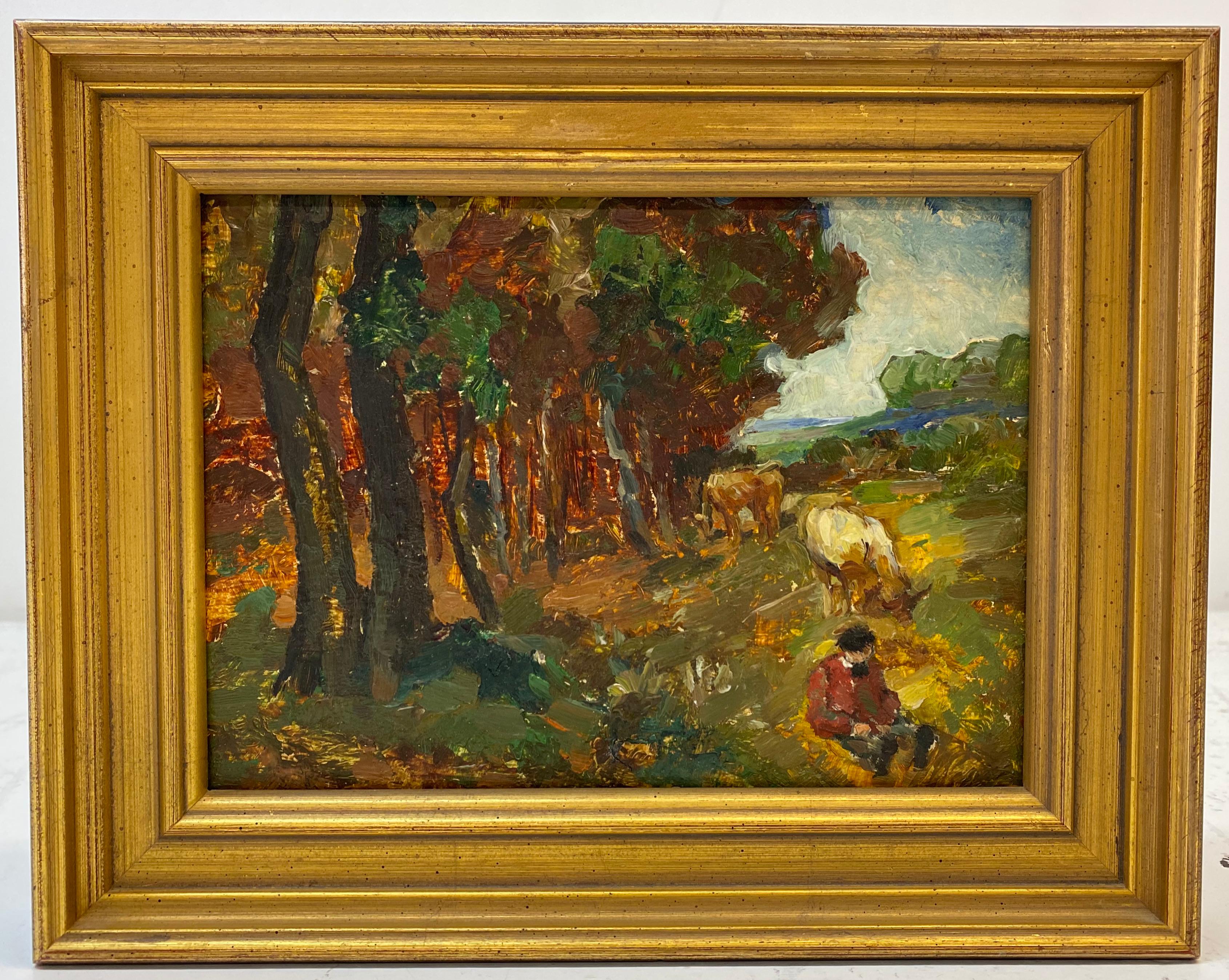 Landscape Painting Unknown - Paysage européen de la fin du XIXe et du début du XXe siècle avec peinture à l'huile de bois