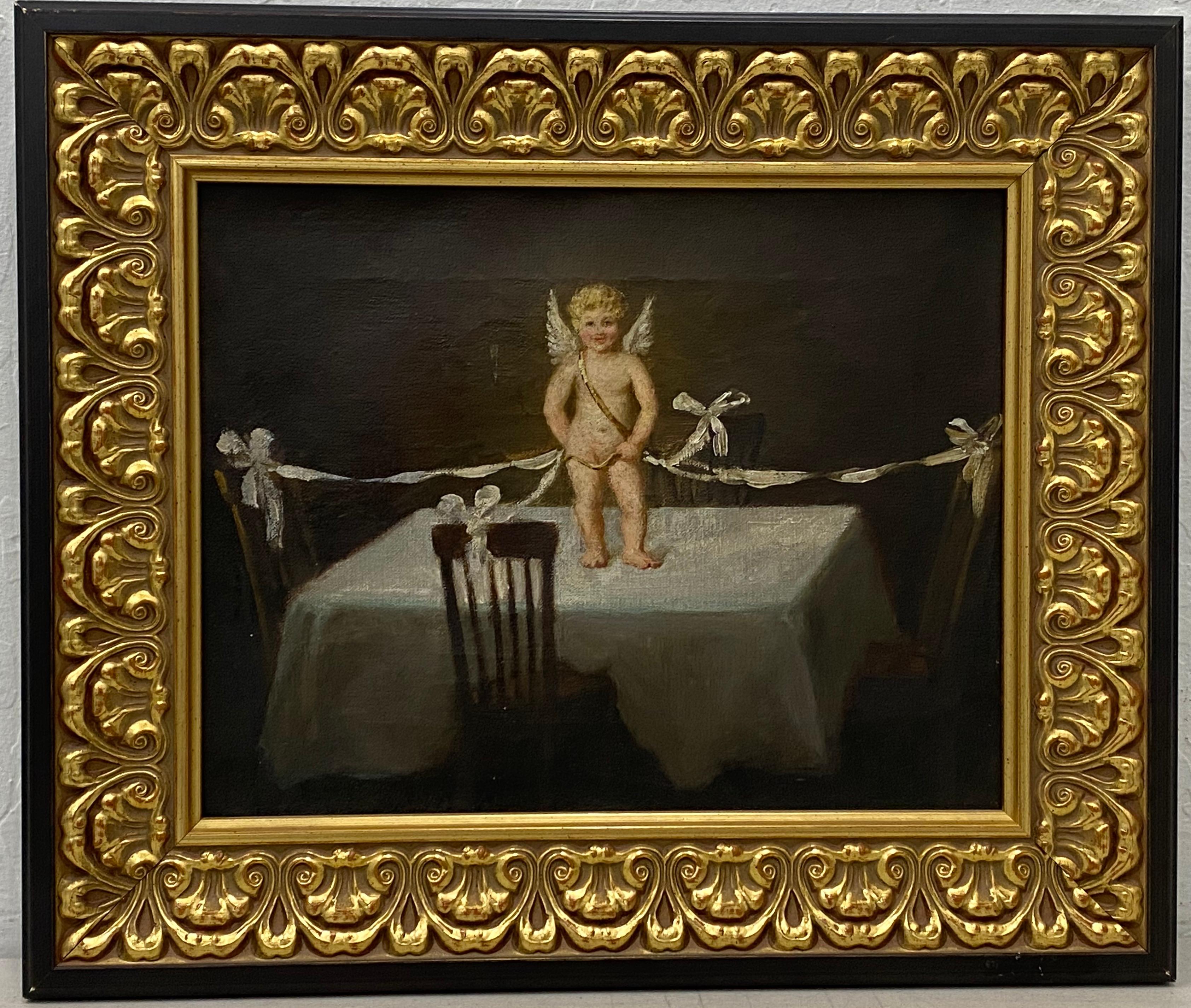 Late 19th to Early 20th Century Romantic Victorian Cherub Original Oil Painting