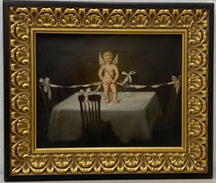 Antique Late 19th to Early 20th Century Romantic Victorian Cherub Original Oil Painting