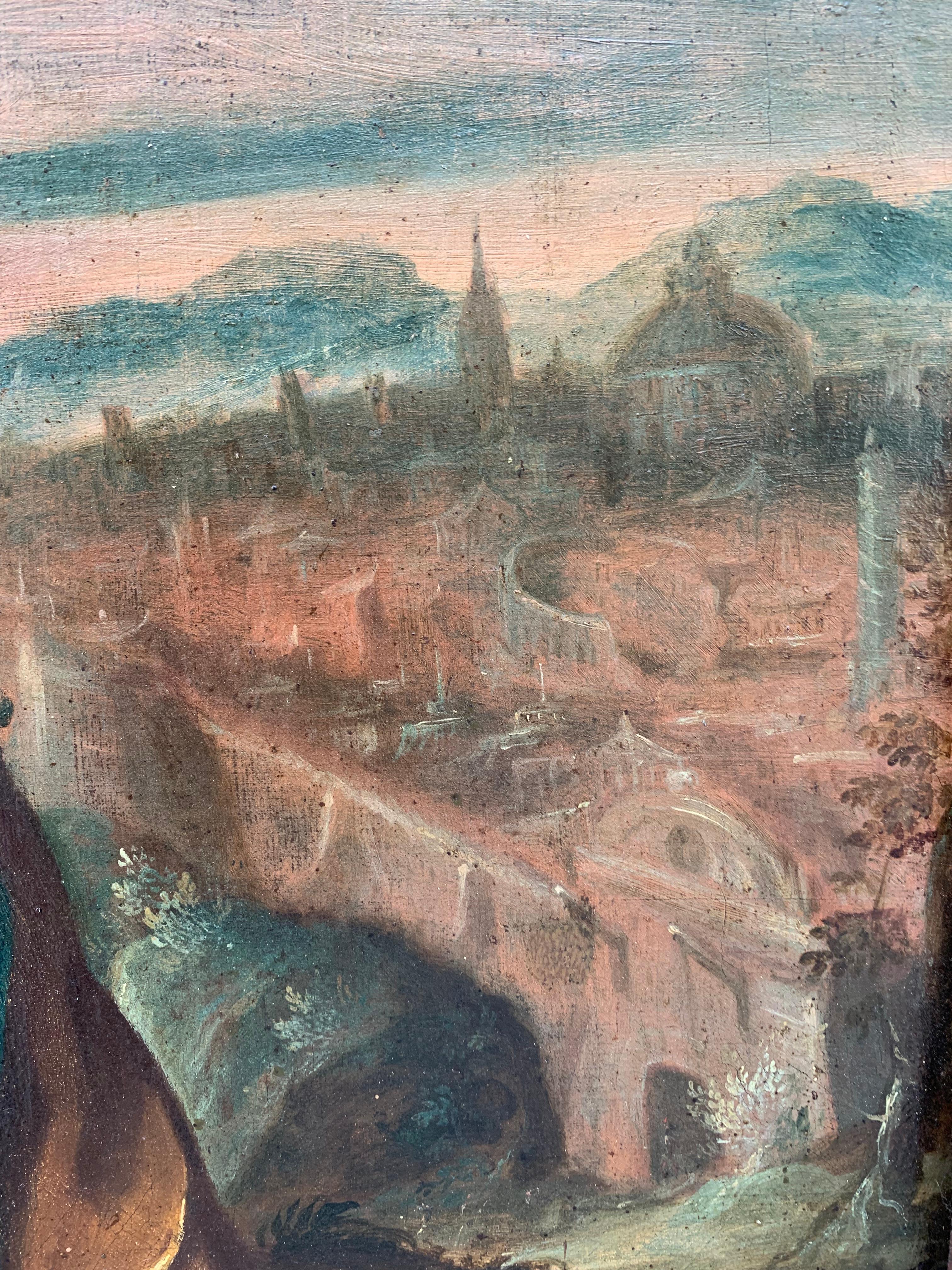 Ende des XVI. Jahrhunderts. Flämischer Künstler, der in Rom tätig war. Quo Vadis mit Ansicht aus dem antiken Rom – Painting von Unknown