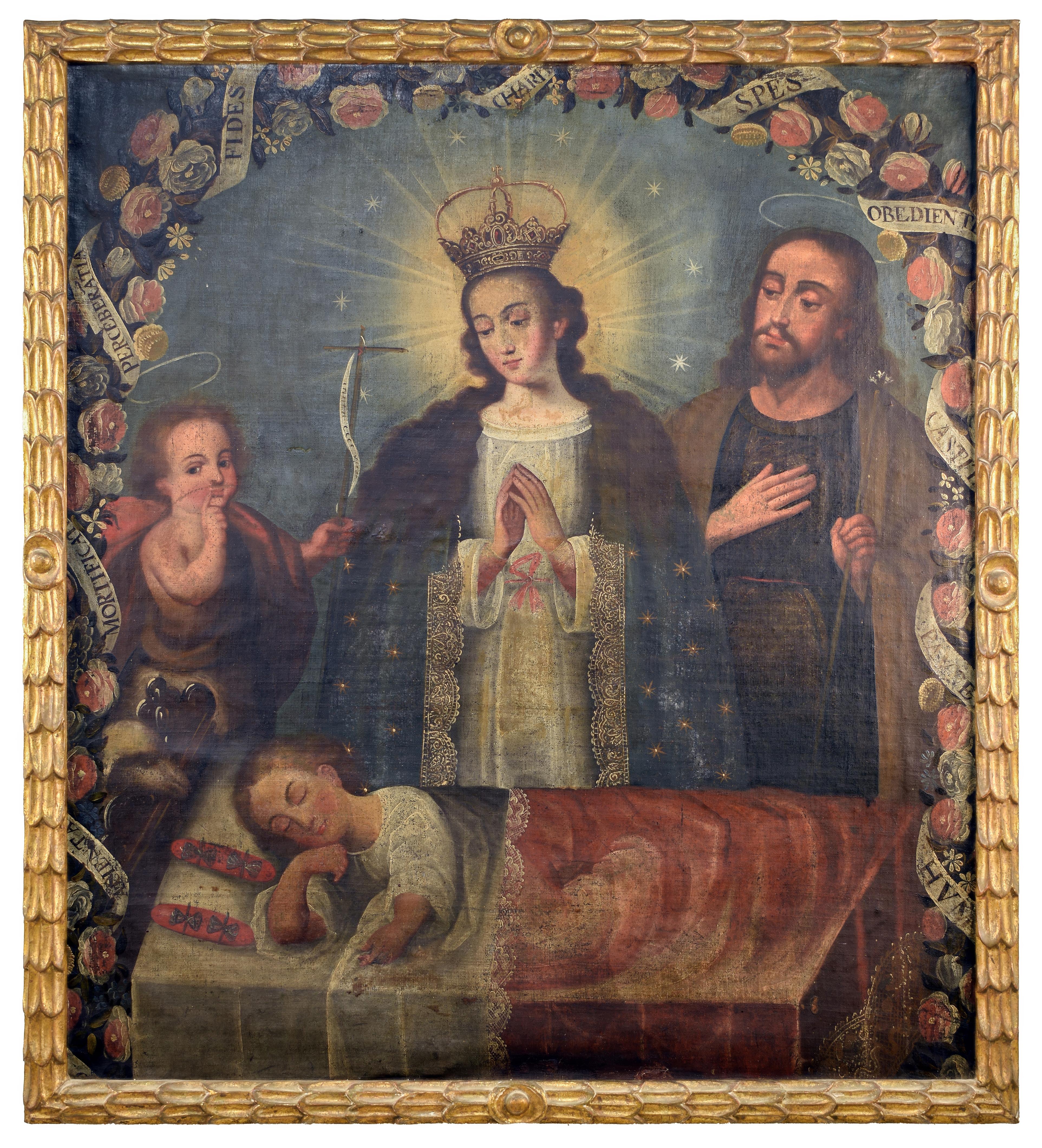 Figurative Painting de Unknown - Escuela Cuzco Colonial Latinoamericana Sagrada Familia con Niño Durmiendo
