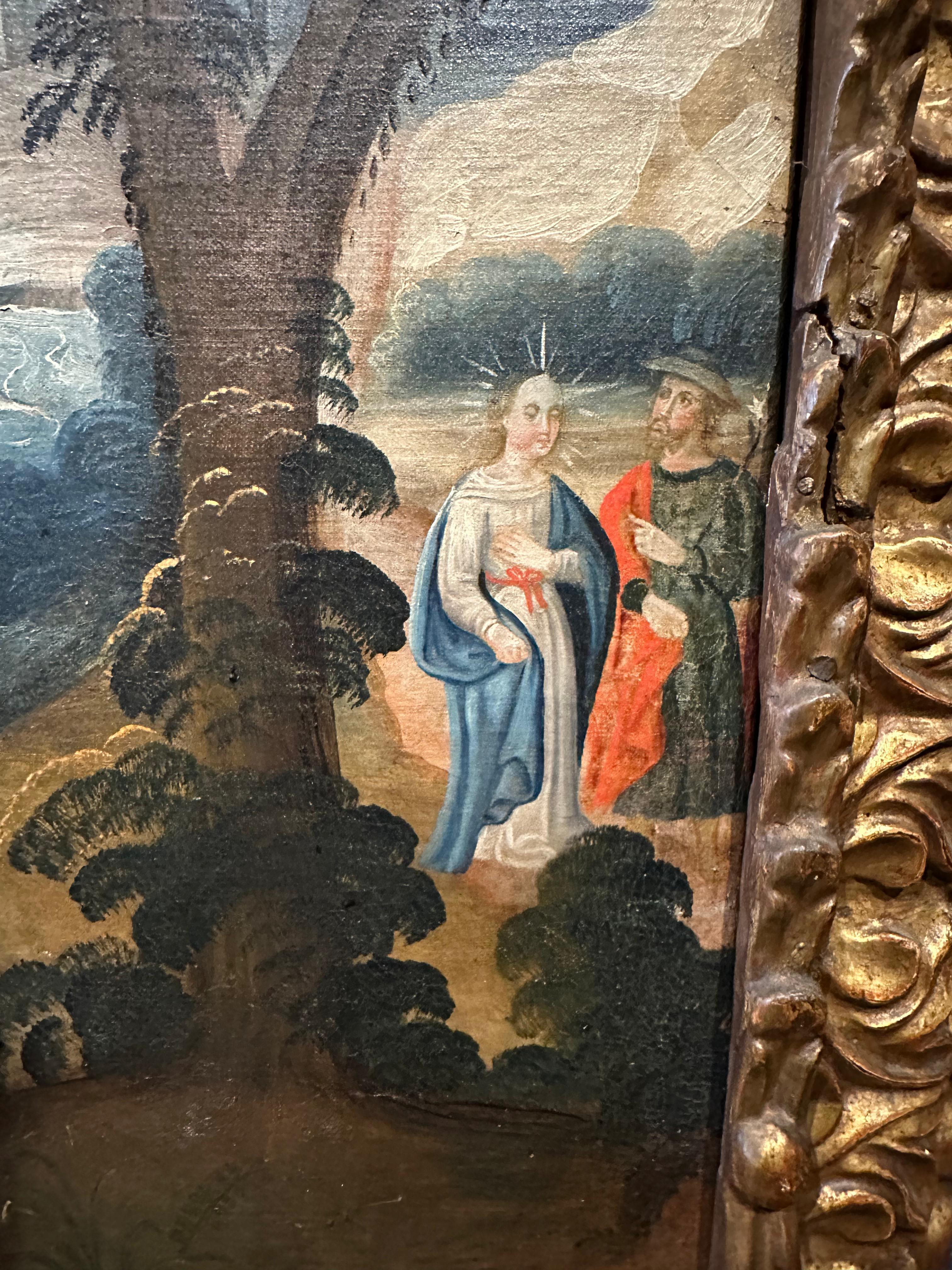 Excellent condition. Cuzco School 18th Century oil on canvas of the Visitation. Unsigned.