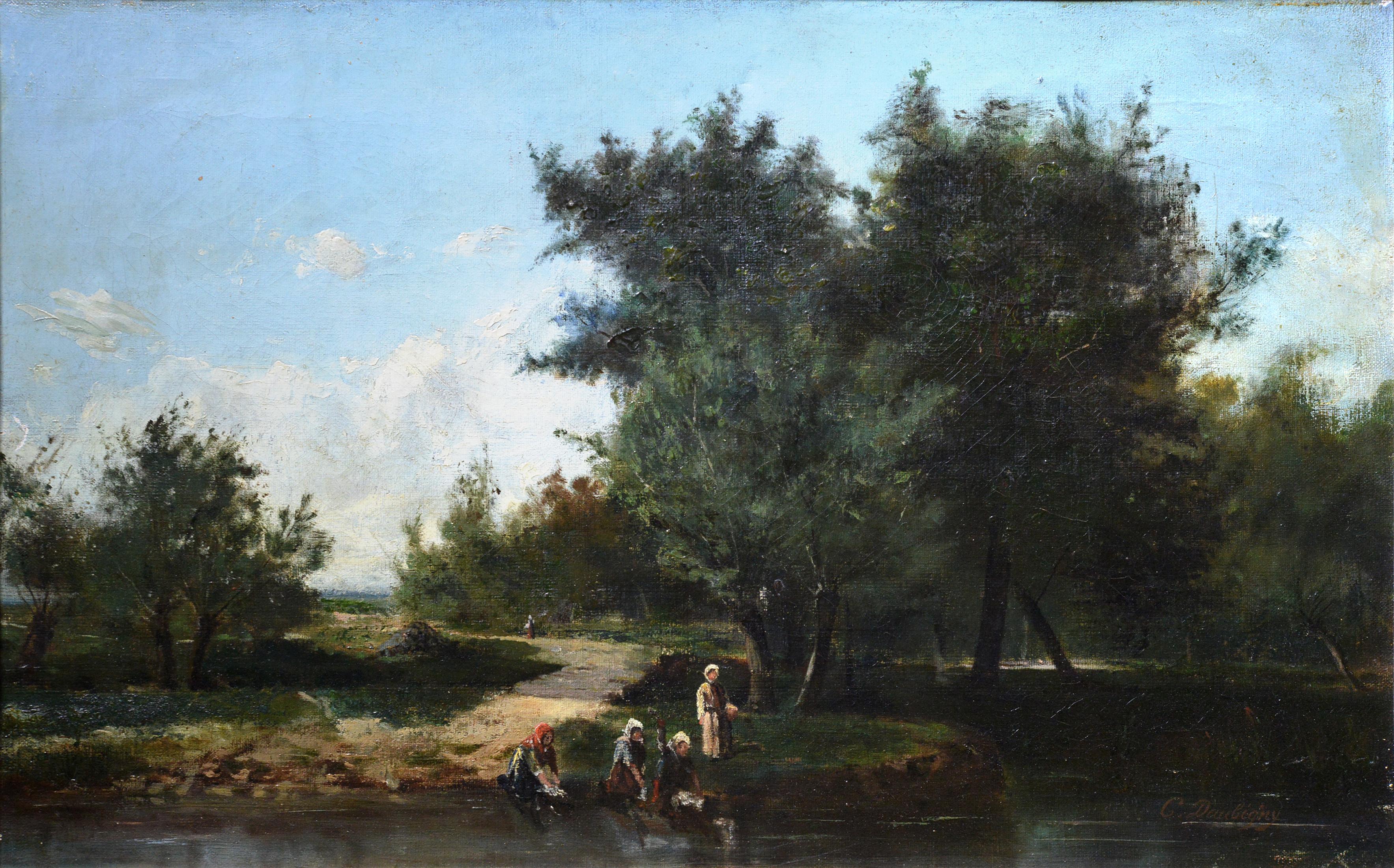Laundresses on River 19th century Barbizonian Landscape by French Master - Painting by Unknown