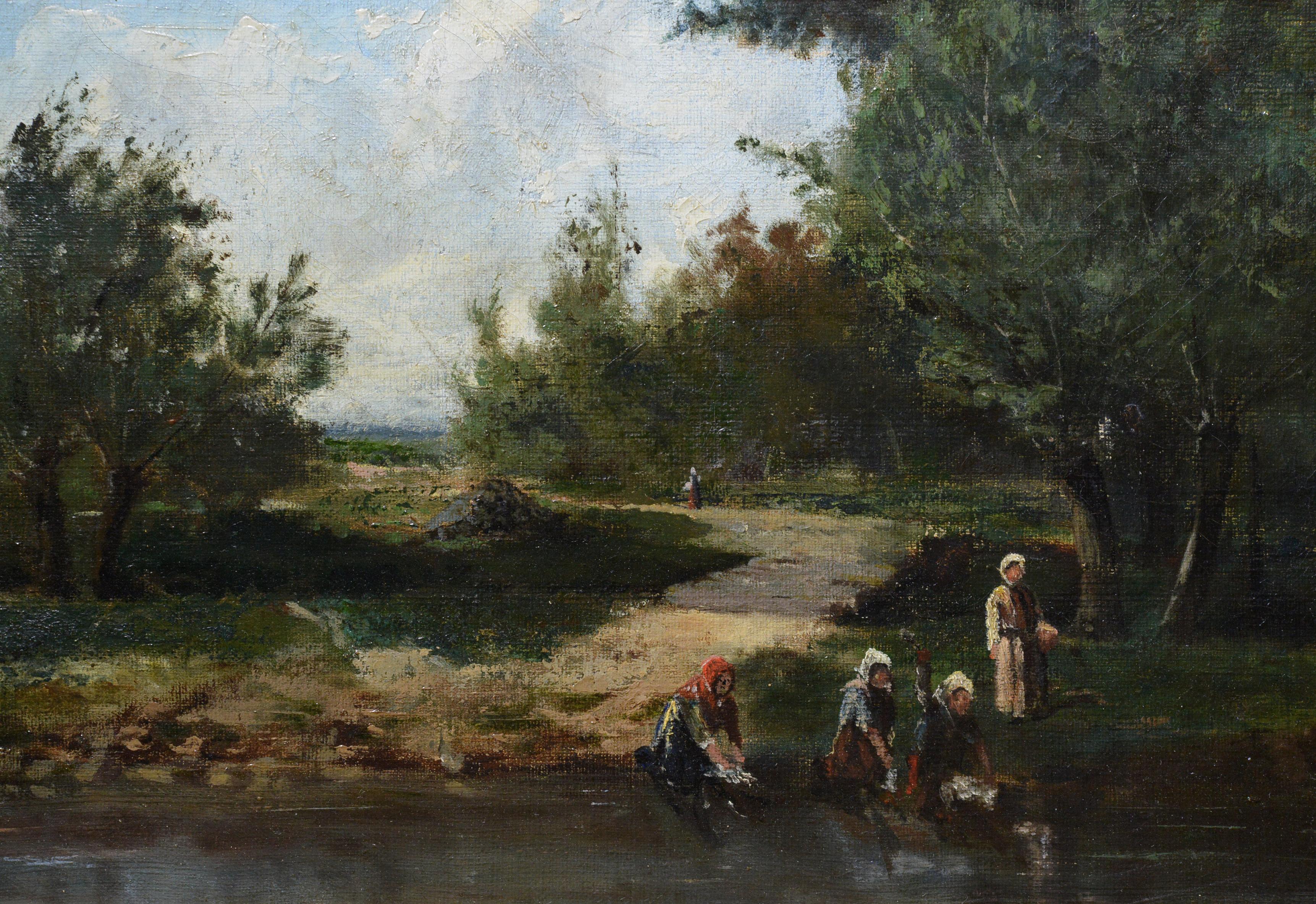 Laundresses on River 19th century Barbizonian Landscape by French Master - Barbizon School Painting by Unknown