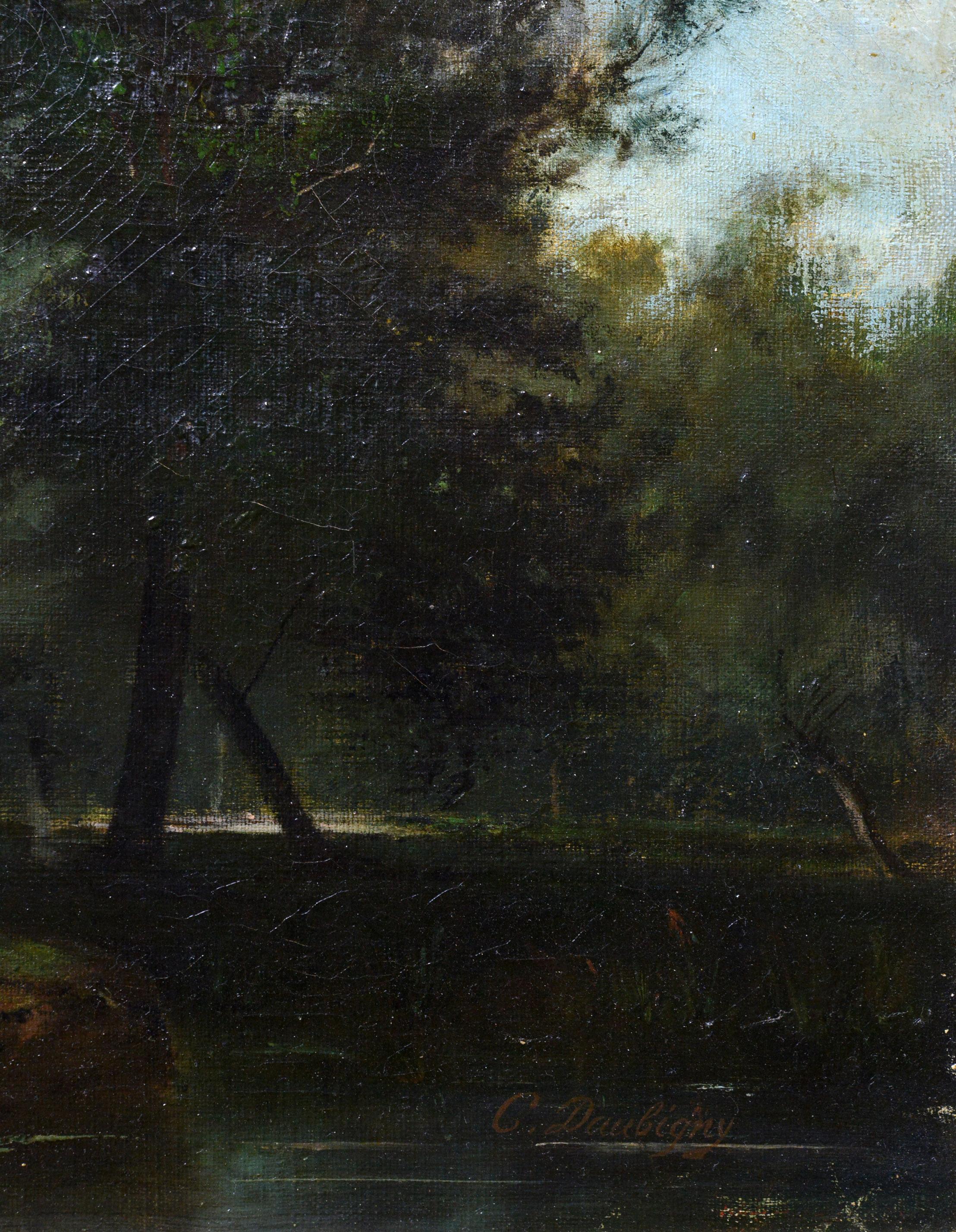 Launenkleider am Fluss Barbizon 19. Jahrhundert Barbizonische Landschaft des französischen Meisters (Braun), Landscape Painting, von Unknown