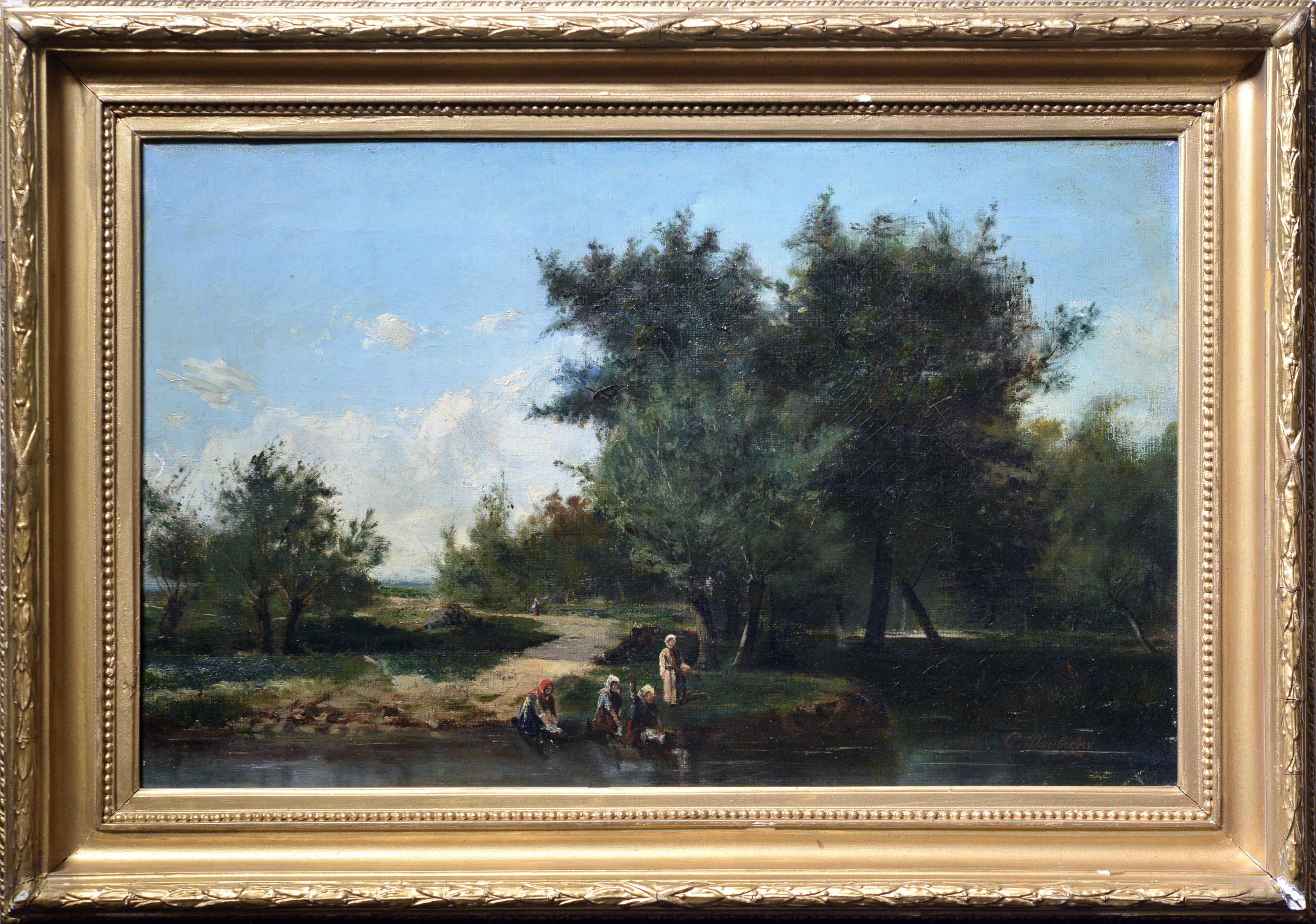 Unknown Landscape Painting - Laundresses on River 19th century Barbizonian Landscape by French Master