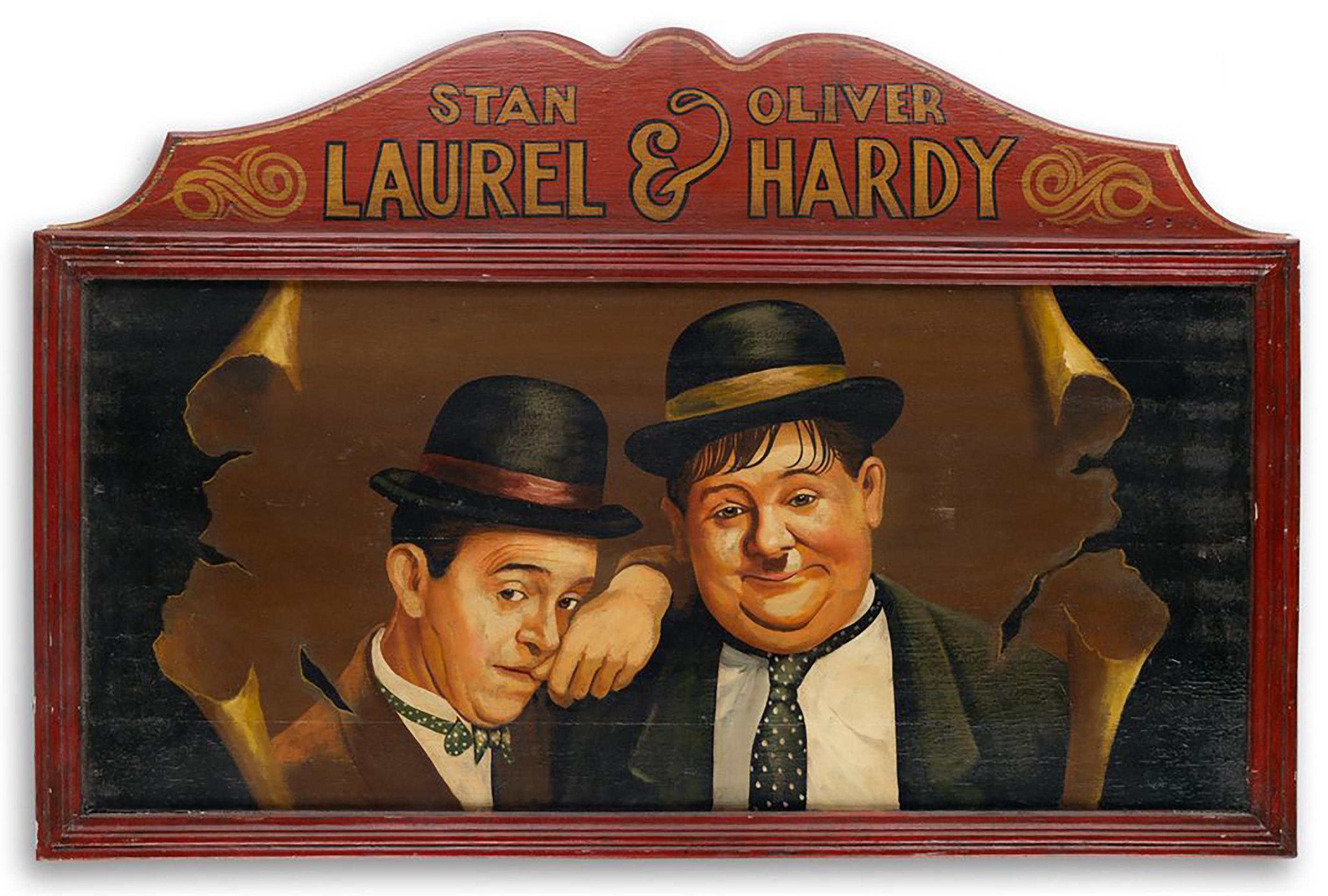 Figurative Painting Unknown - Stan Laurel & Oliver Hardy - Panneau de signalisation des comédiens en voyage