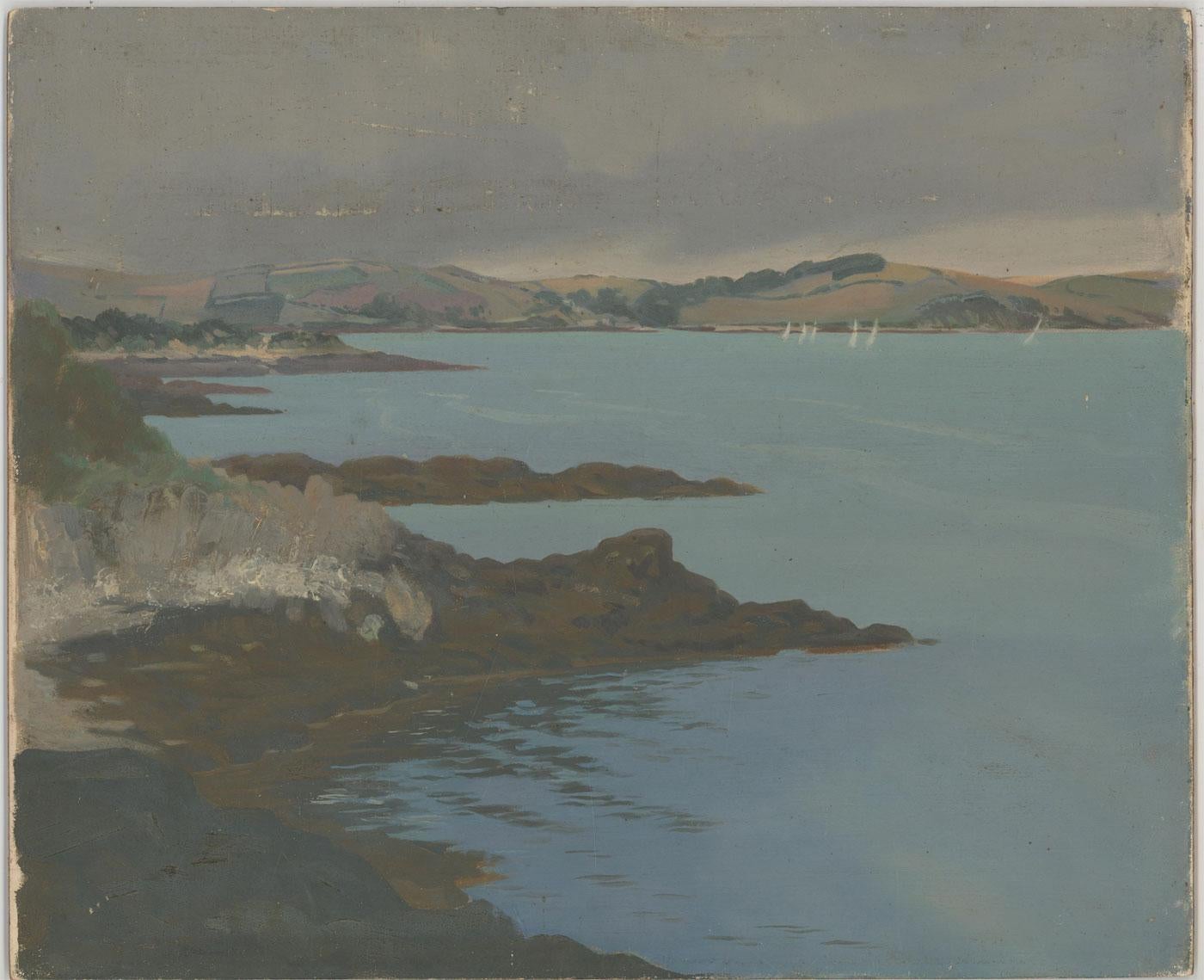 A wonderful coastal landscape by the British artist Laurence H.F. Irving (1897-1988). Here he has captured an atmospheric scene, with dark rocks jutting out towards the sea. Sailing ships can be seen in the distance, while some ominous looking
