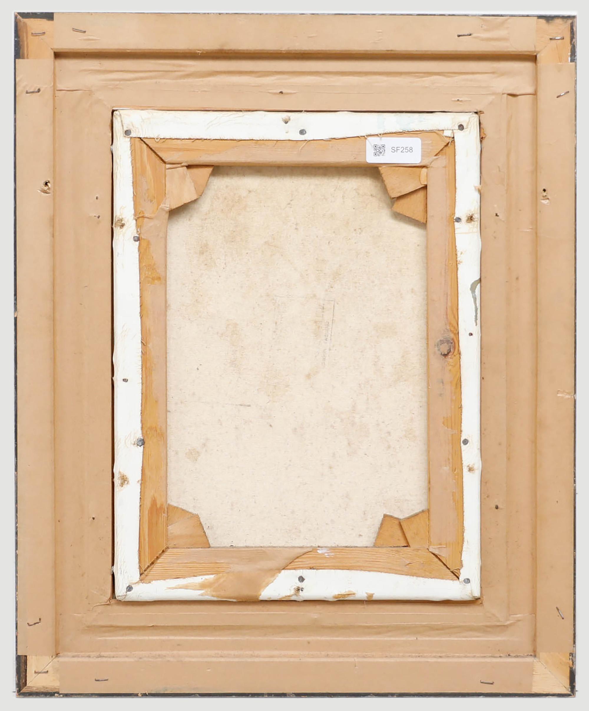 Laurence Rushton (1919-1994) - Olio del 20° secolo incorniciato, Stendere il bucato - Figurative Painting Beige di Unknown