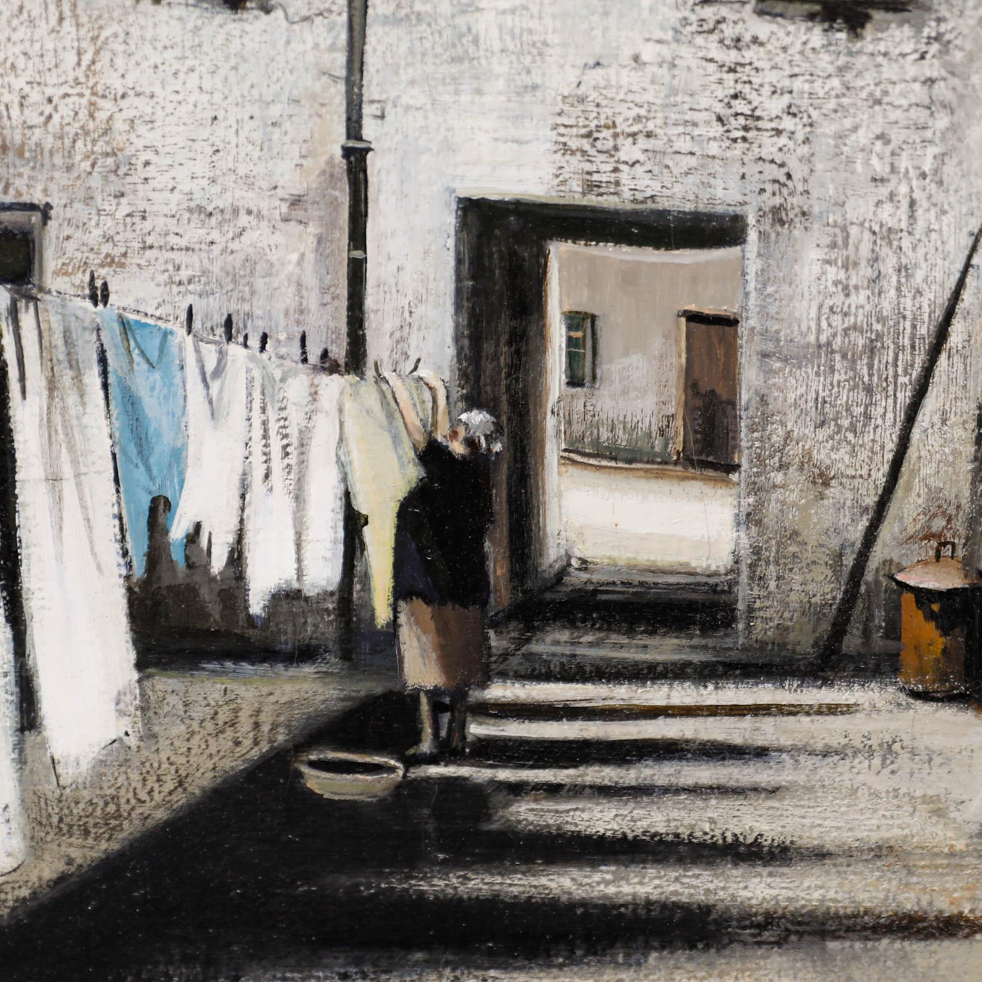 Laurence Rushton (1919-1994), scena di strada originale ad olio. Firmato in basso a sinistra. Ben presentato in una cornice contemporanea in argento dorato con sottofondo in lino. Su tela su barelle. 
