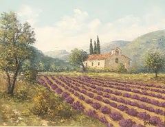 Vintage LAVENDER FIELDS IN PROVENCE OLD STONE MAS HOUSE - SIGNED & FRAMED OIL PAINTING