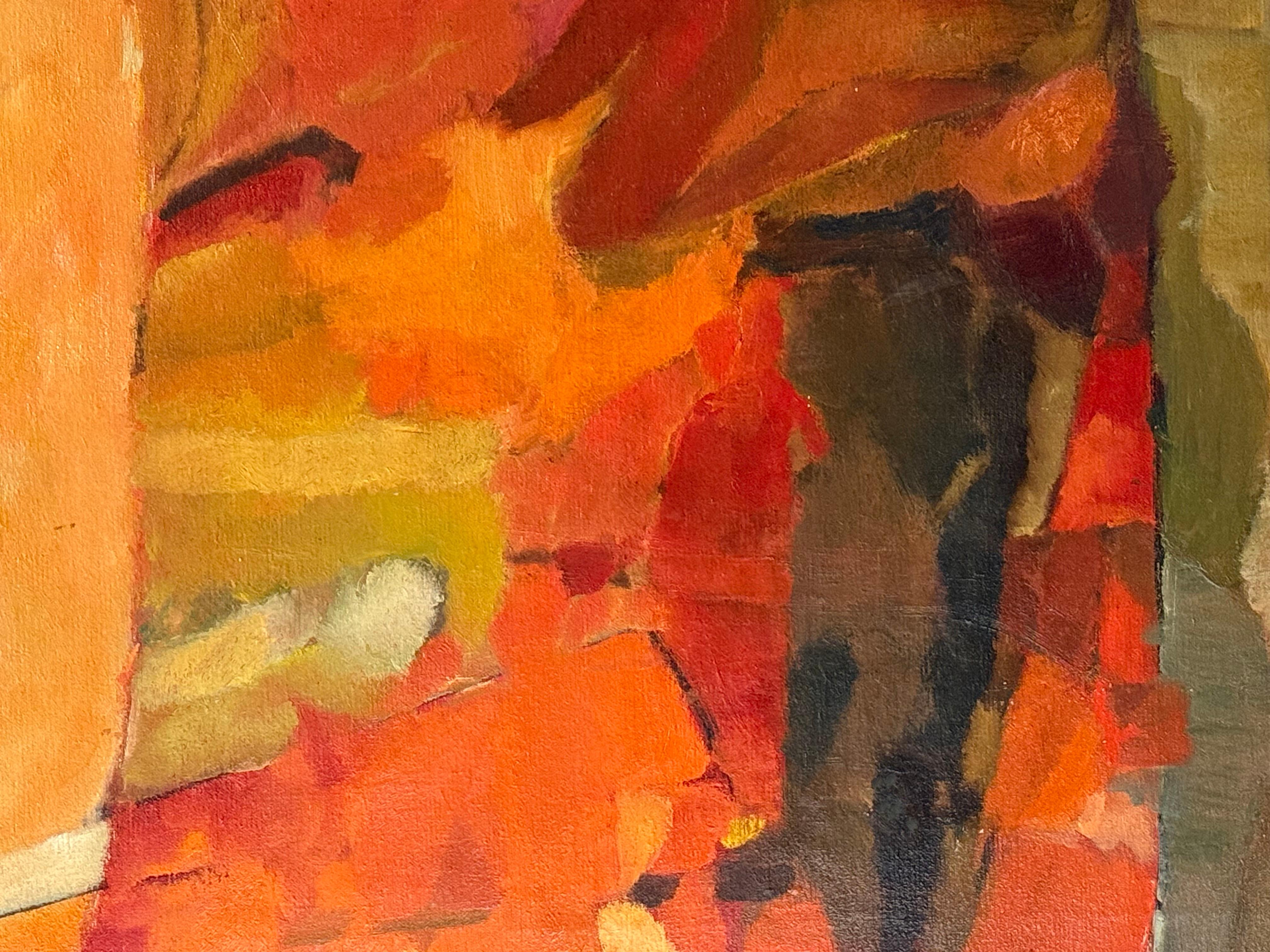 Abstraktes Öl in Orange mit Schichten – Painting von Unknown
