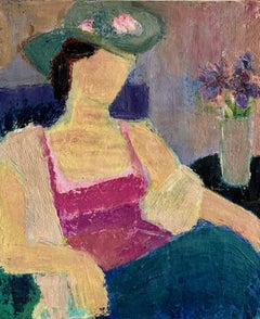 Le Chapeau Vert, Olio su tela Pittura figurativa antica con rosa e viola