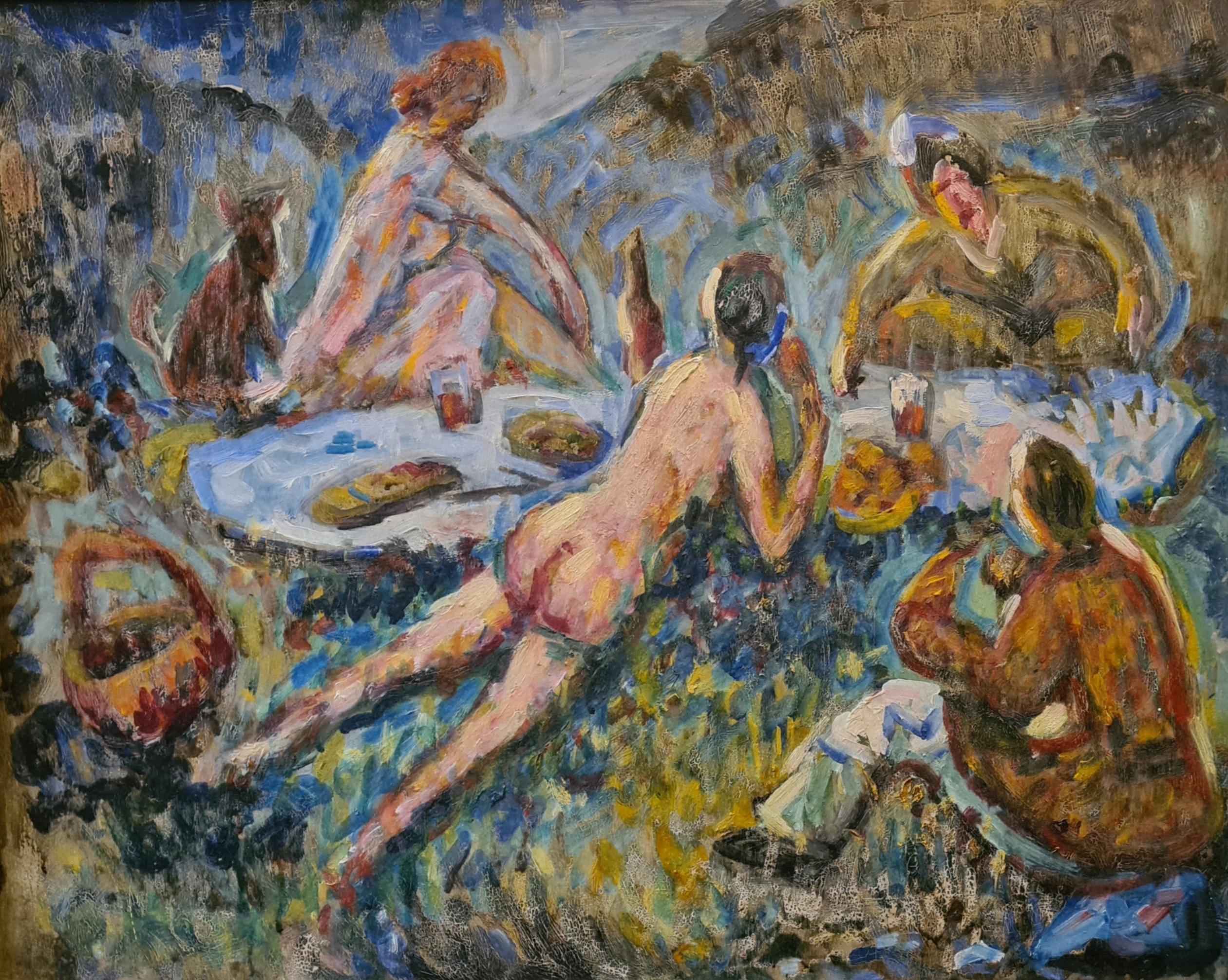 Unknown Figurative Painting - Le Déjeuner sur l'herbe, Homage to Édouard Manet 