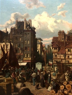 Le Havre, Lively Quay, Oil On Canvas 19th Century