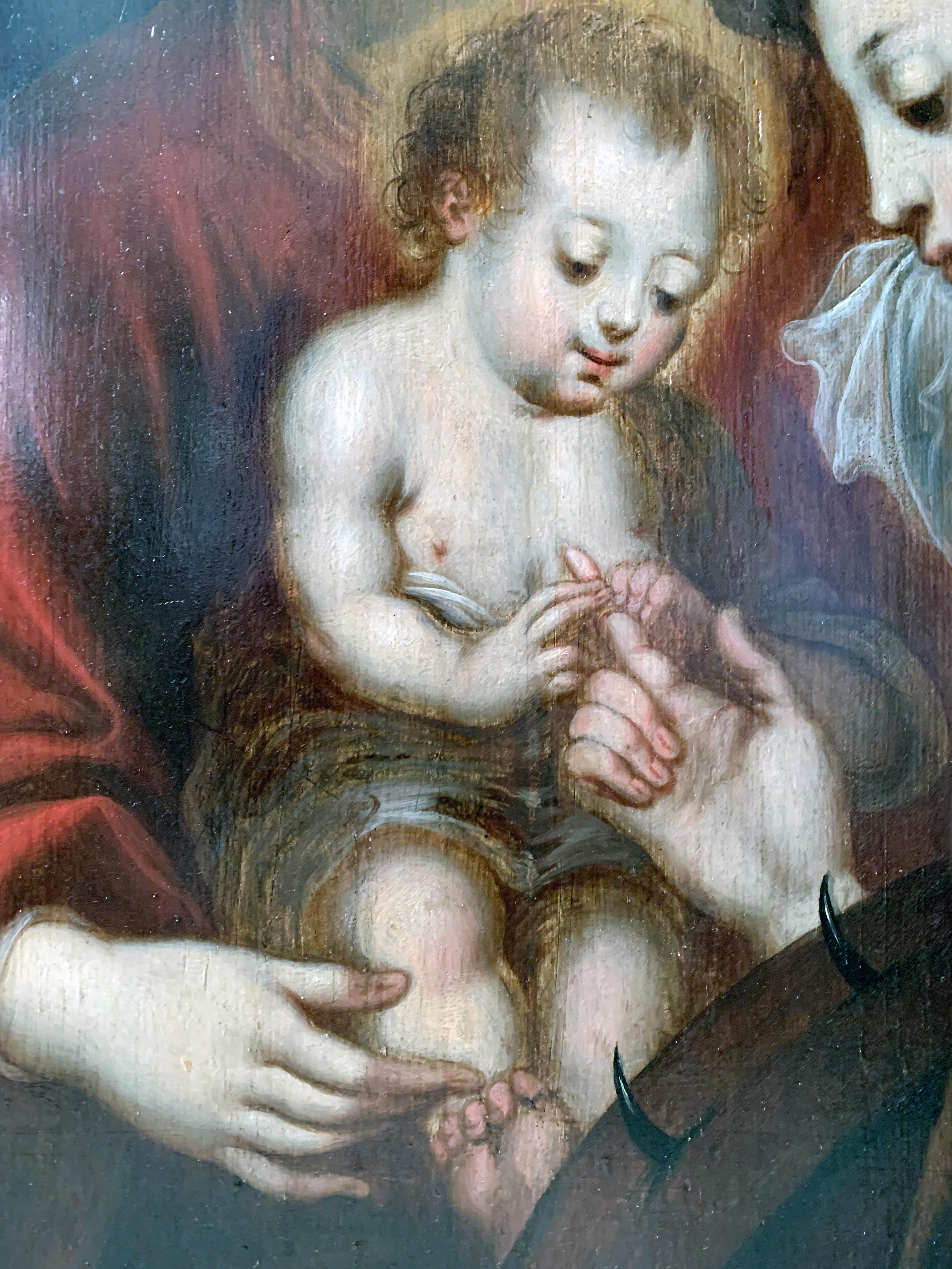 Huile sur panneau, école flamande du XVIIe siècle
Abmessungen : 64 x 49 cm (ohne Köcher) - 64 x 79 cm (mit Köcher)
Diese sehr schöne Tafel veranschaulicht das Thema der geheimnisvollen Ehe der heiligen Katharina, ein seit dem Ende des Mittelalters