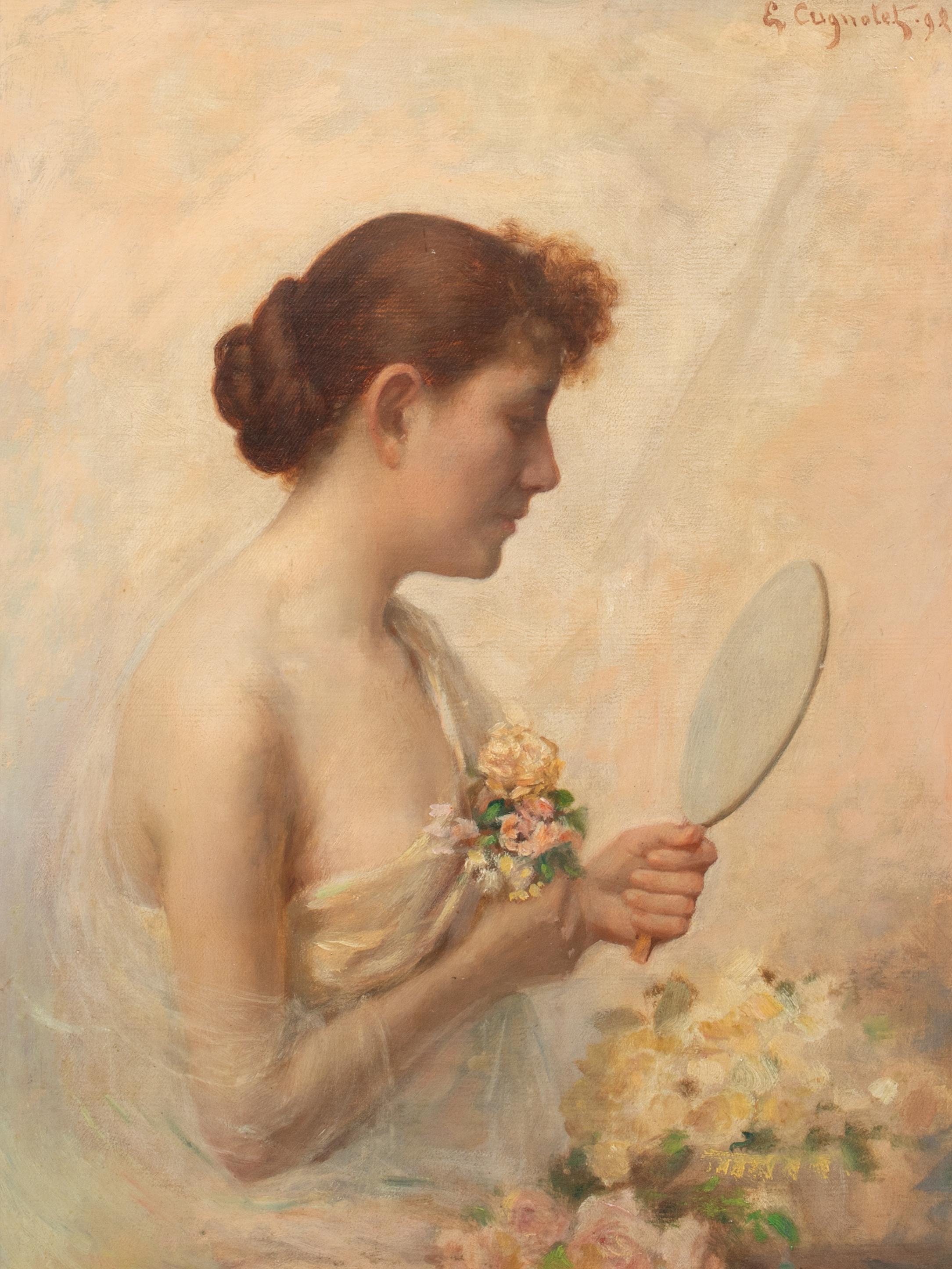 Le Miroir, dated 1892 

by ÉDOUARD CUGNOTET (1848-1899)

Large 19th Century French portrait of a lady looking into a mirror, oil on canvas by Edouard Cugnotet. Good quality and condition, signed and dated. Presented in its original antique gilt