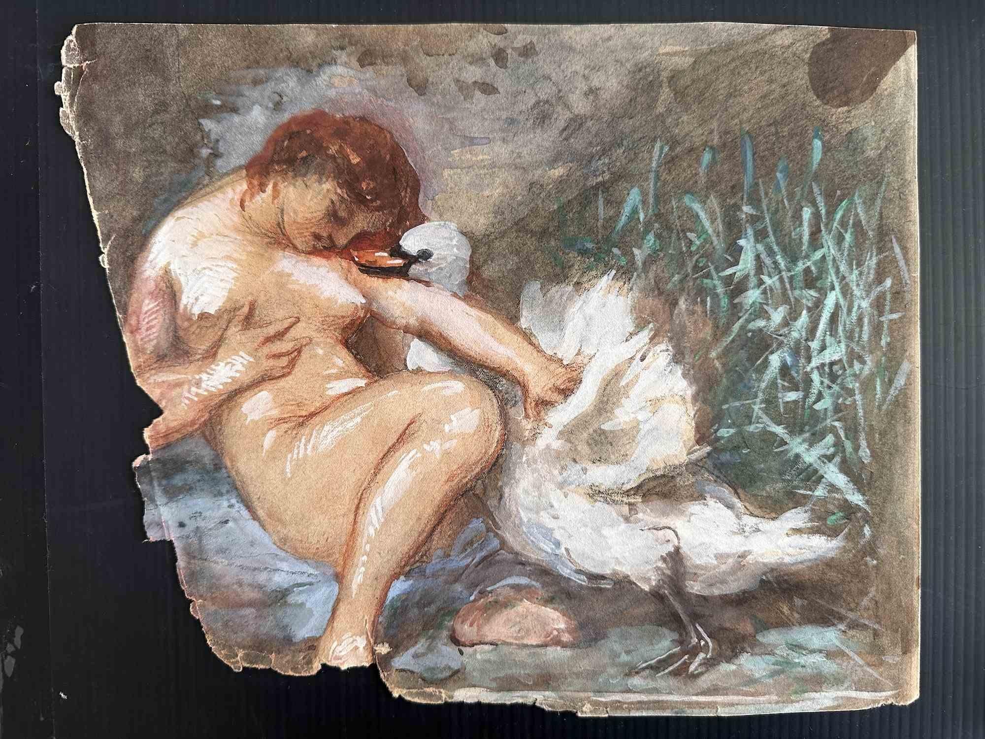 Unknown Figurative Painting – Leda und der Schwan - Gemälde - 1978